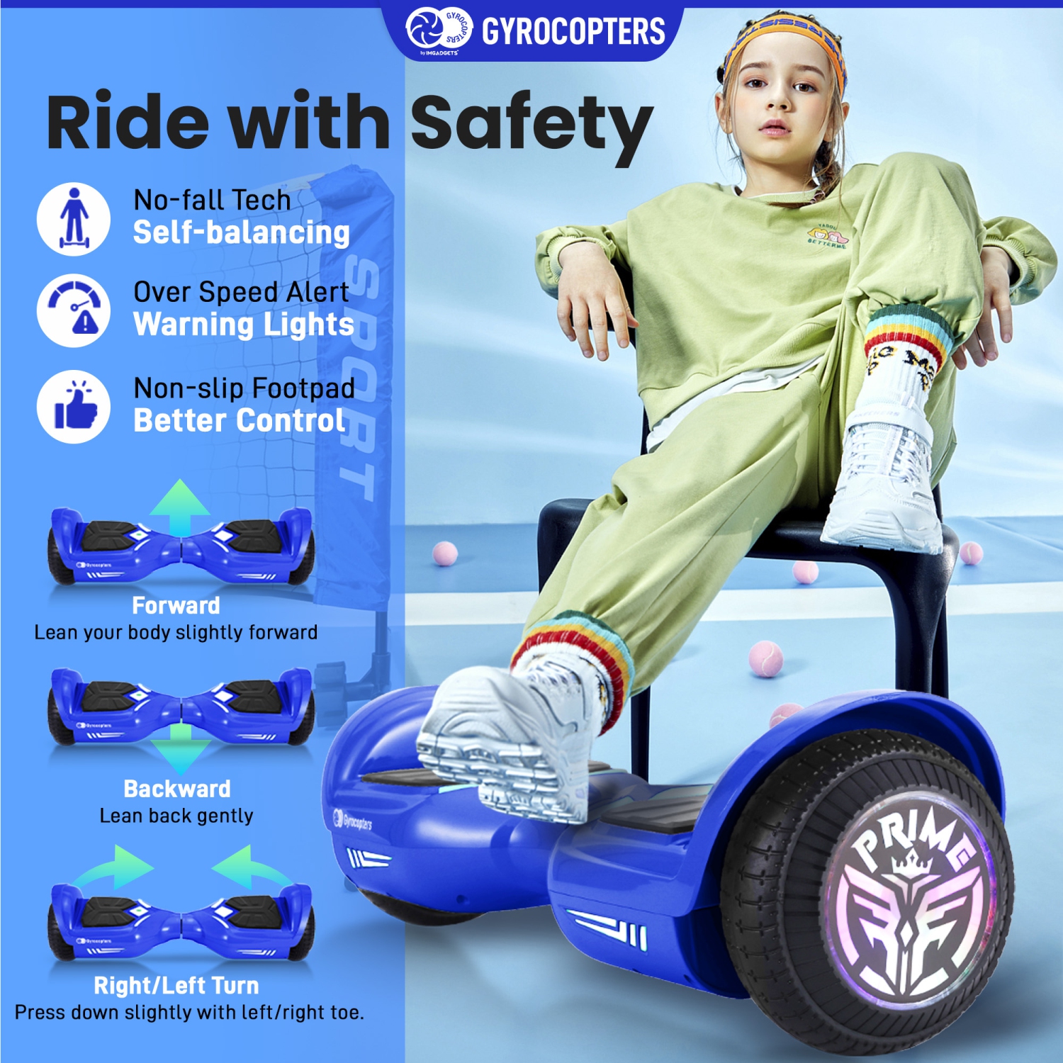 Gyrocopters Prime All-Terrain Hoverboard for Kids | Speed up to 15km/h | 300W Powerful Motor | 6.5” LED wheels | 165lbs weight capacity | UL2272