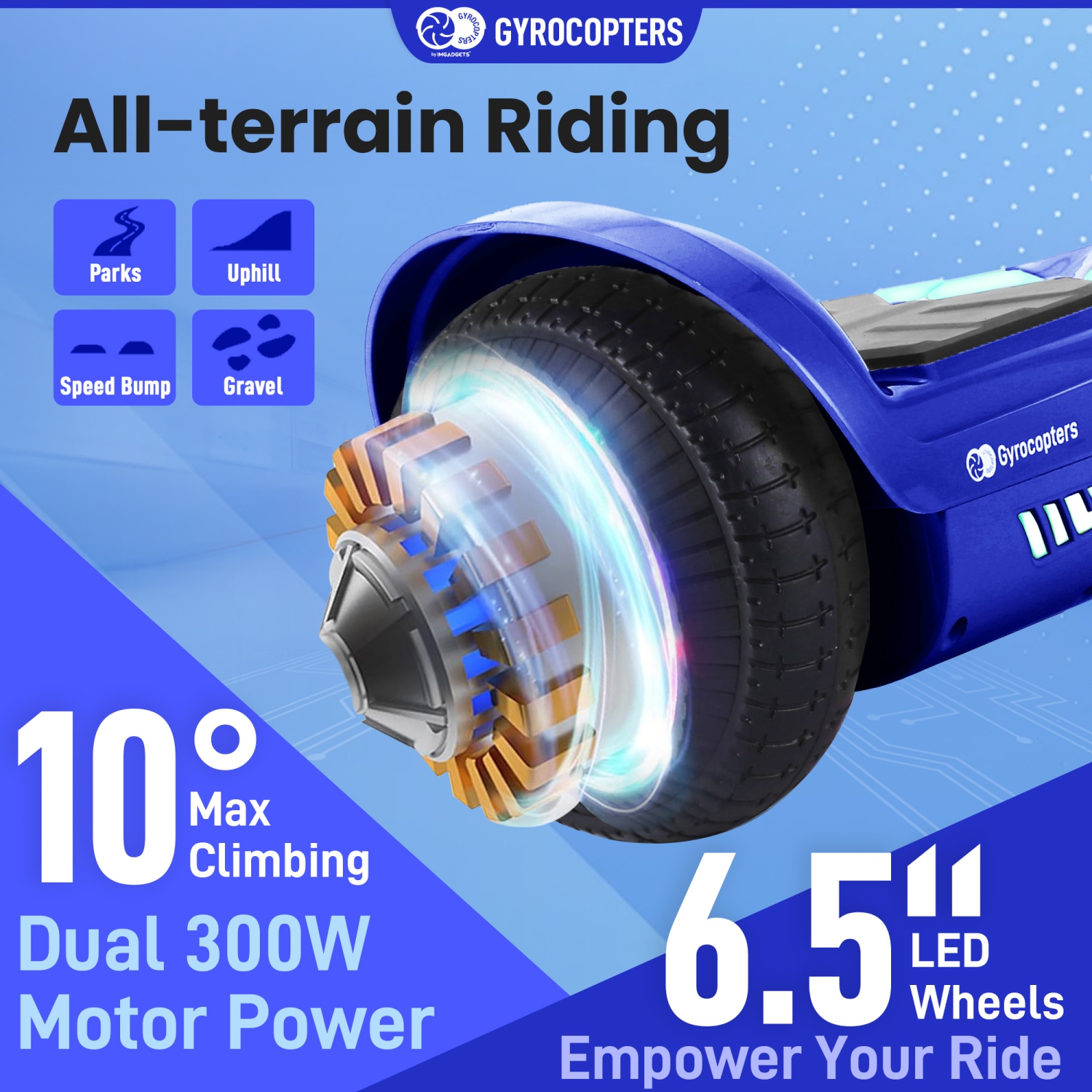 Gyrocopters Prime All-Terrain Hoverboard for Kids | Speed up to 15km/h | 300W Powerful Motor | 6.5” LED wheels | 165lbs weight capacity | UL2272