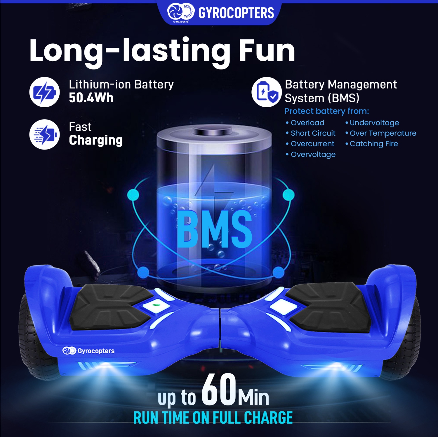 Gyrocopters Prime All-Terrain Hoverboard for Kids | Speed up to 15km/h | 300W Powerful Motor | 6.5” LED wheels | 165lbs weight capacity | UL2272