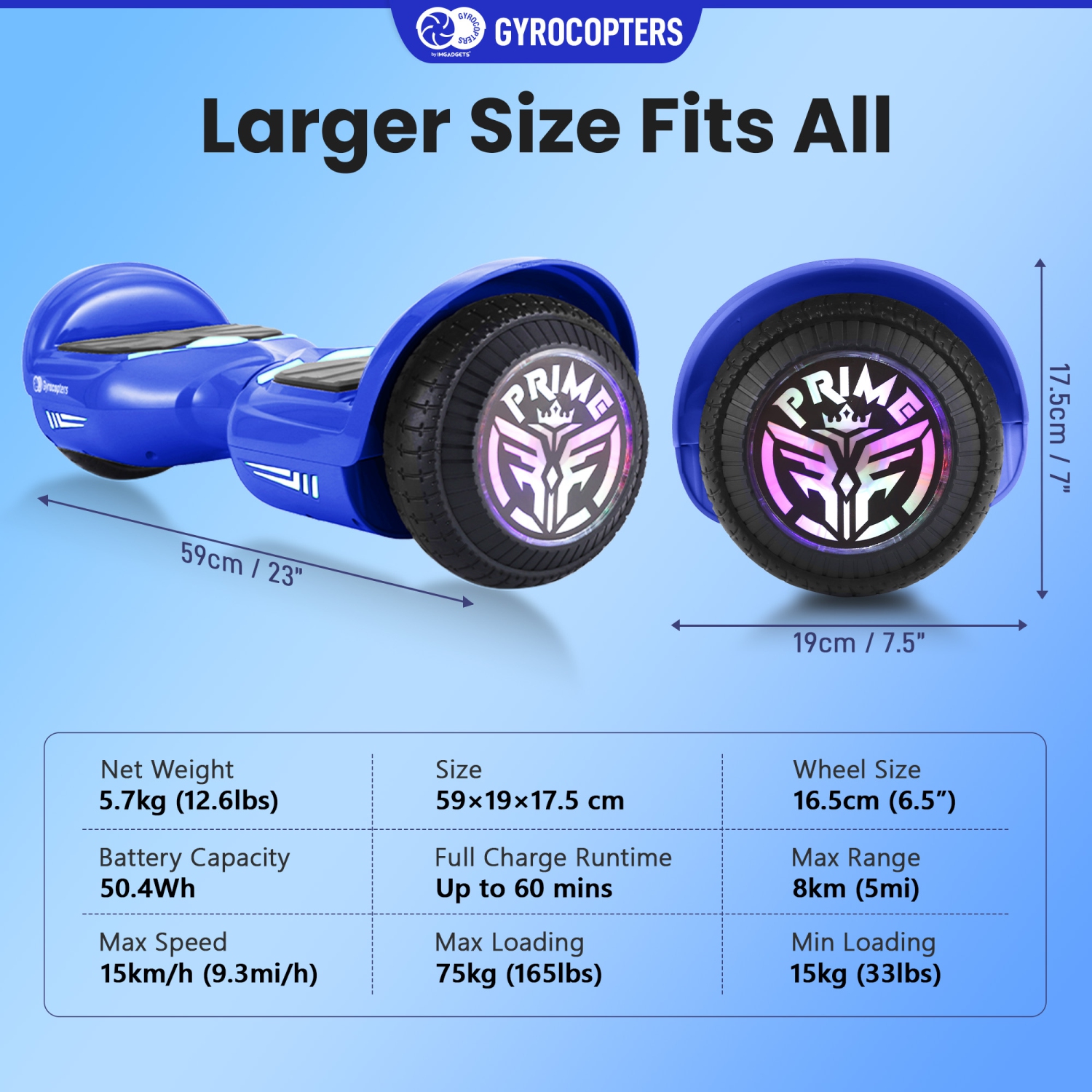 Gyrocopters Prime All-Terrain Hoverboard for Kids | Speed up to 15km/h | 300W Powerful Motor | 6.5” LED wheels | 165lbs weight capacity | UL2272