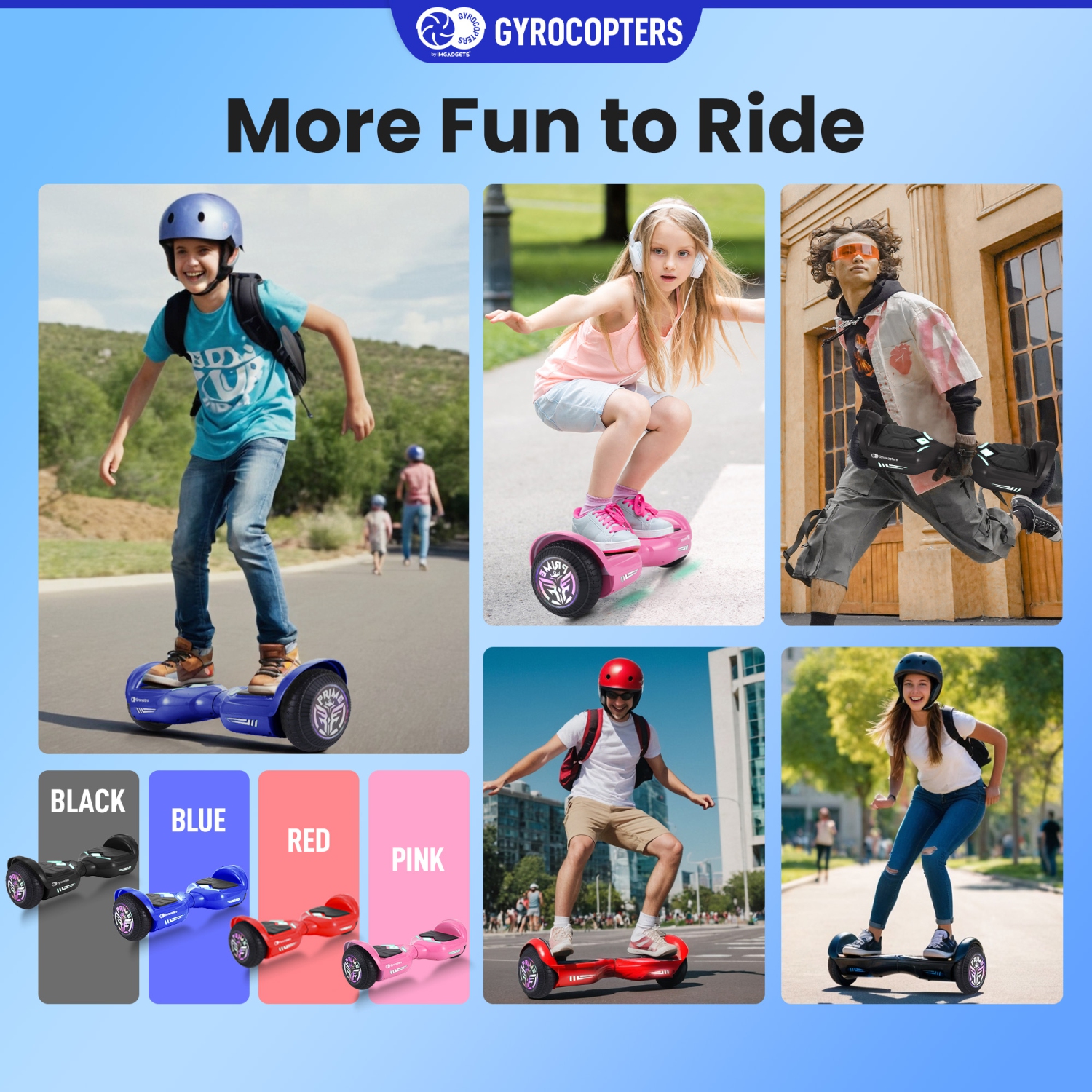 Gyrocopters Prime All-Terrain Hoverboard for Kids | Speed up to 15km/h | 300W Powerful Motor | 6.5” LED wheels | 165lbs weight capacity | UL2272