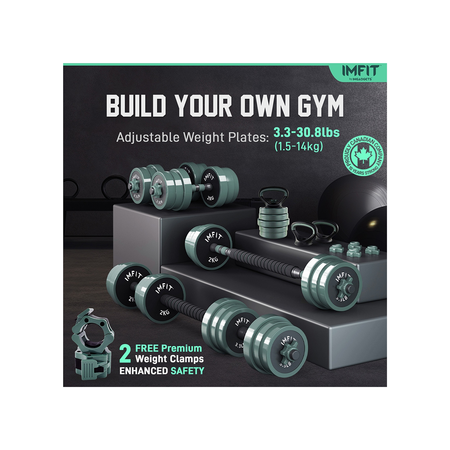 Haltères ajustables AIO 1,65 à 30&nbsp;lb | Haltères, haltères russes, barres d'appui pour un entraînement complet | Ensemble de poids ajustable de