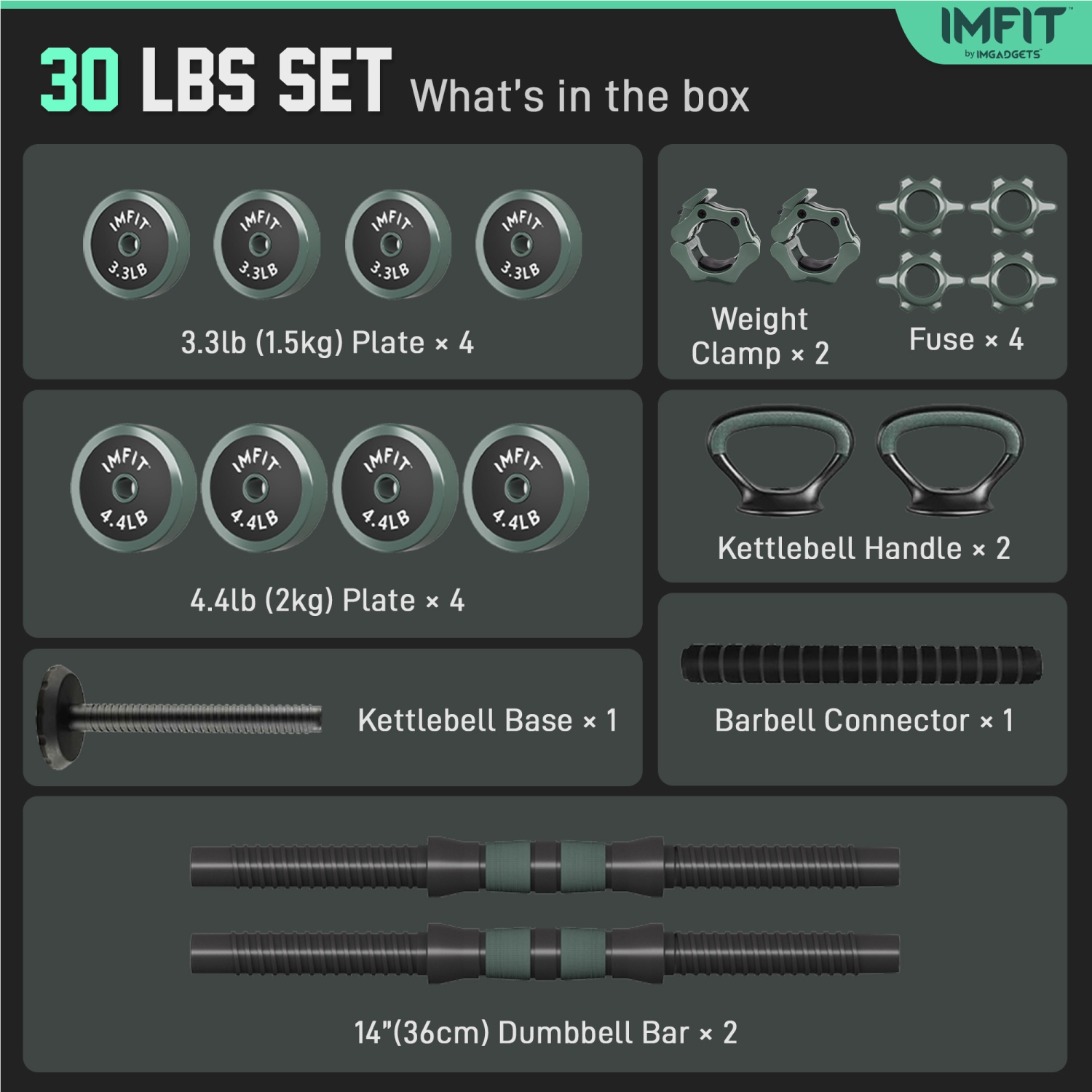 Haltères ajustables AIO 1,65 à 30&nbsp;lb | Haltères, haltères russes, barres d'appui pour un entraînement complet | Ensemble de poids ajustable de