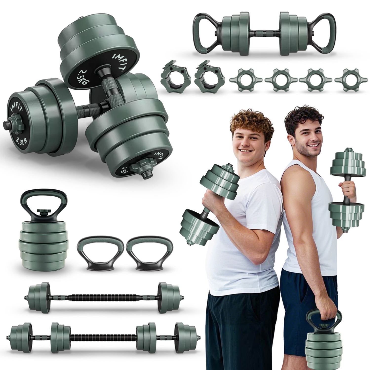 IMFIT AIO Weight Adjustable Dumbbells 1.65 to 52lbs | Dumbbells, Barbells, Kettlebells, Push-Up Bars for Full-Body Workout | Premium Adjustable