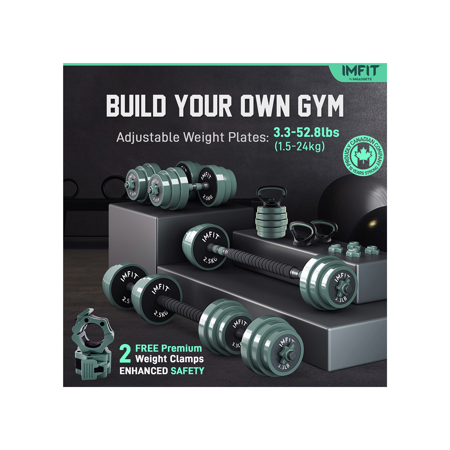 IMFIT AIO Weight Adjustable Dumbbells 1.65 to 52lbs | Dumbbells, Barbells, Kettlebells, Push-Up Bars for Full-Body Workout | Premium Adjustable