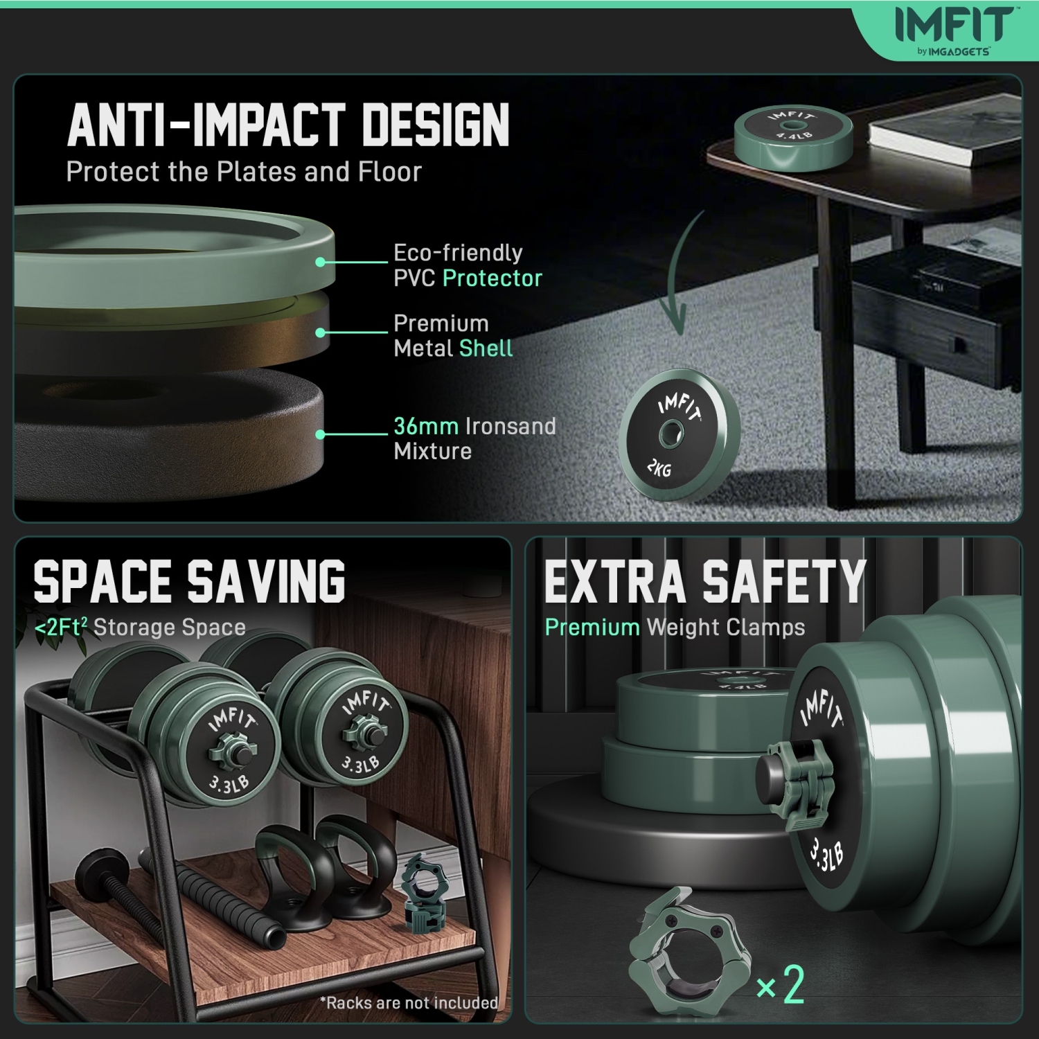 IMFIT AIO Weight Adjustable Dumbbells 1.65 to 52lbs | Dumbbells, Barbells, Kettlebells, Push-Up Bars for Full-Body Workout | Premium Adjustable