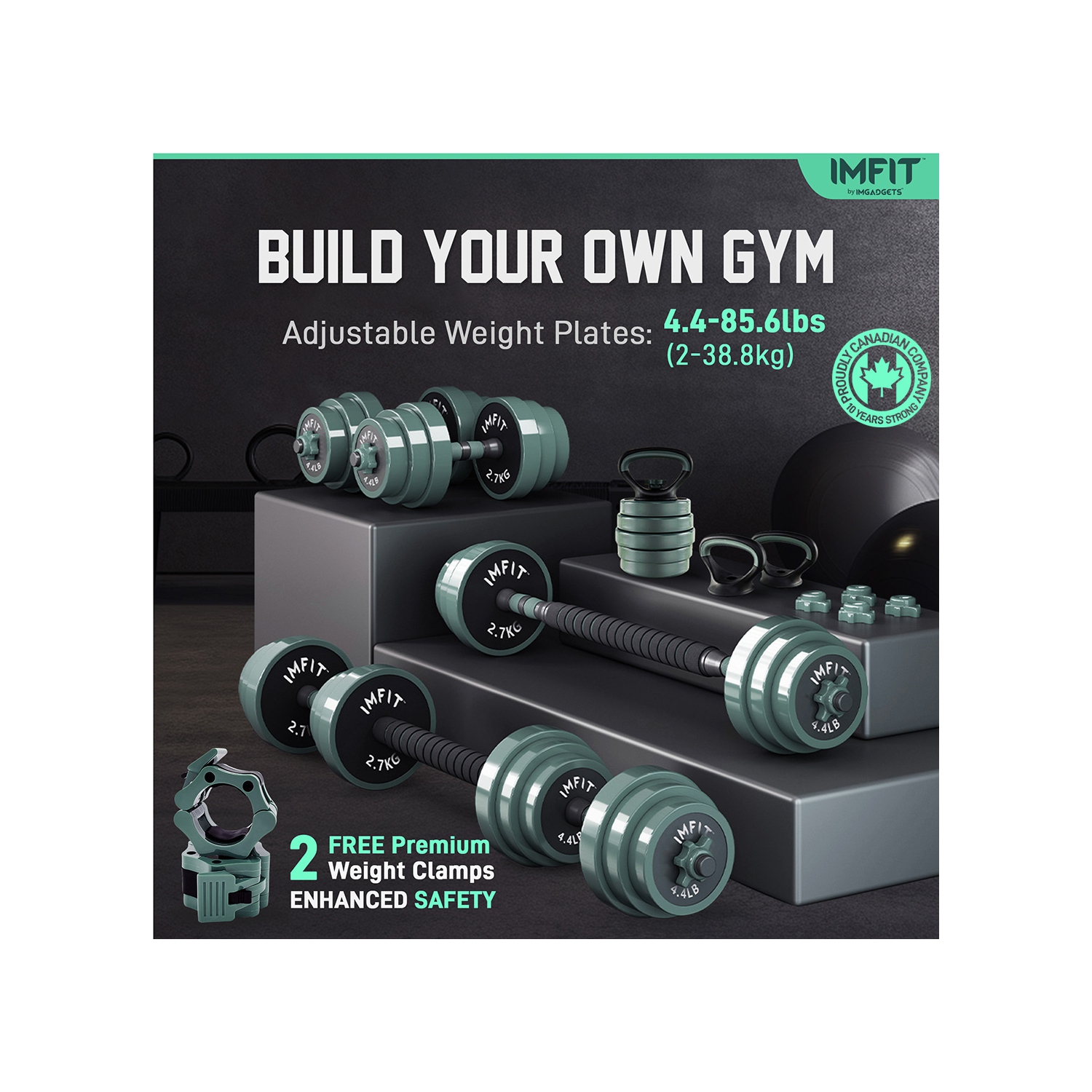 Haltères ajustables AIO 1,65 à 85&nbsp;lb | Haltères, haltères russes, barres d'appui pour un entraînement complet | Ensemble de poids ajustable de