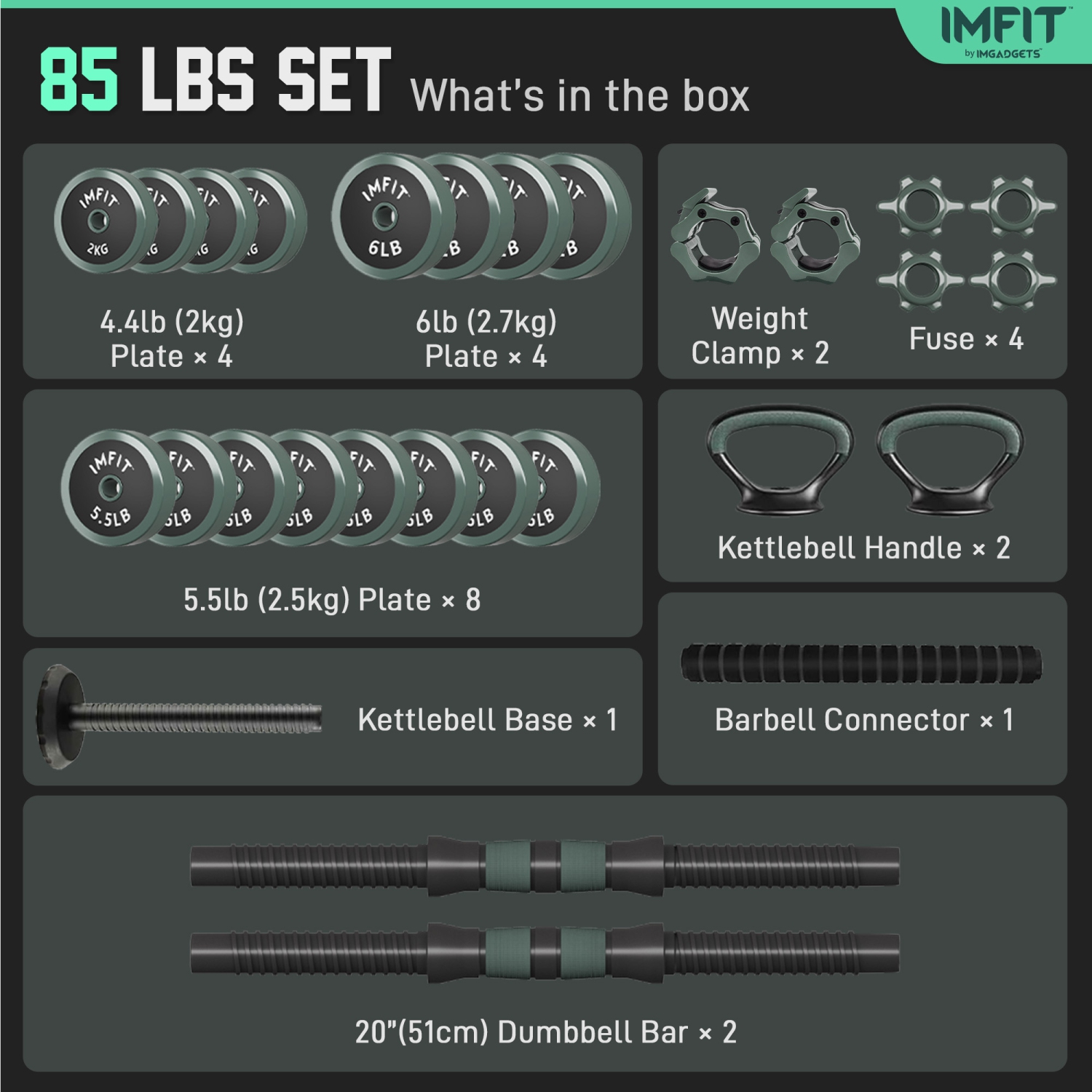 Haltères ajustables AIO 1,65 à 85&nbsp;lb | Haltères, haltères russes, barres d'appui pour un entraînement complet | Ensemble de poids ajustable de