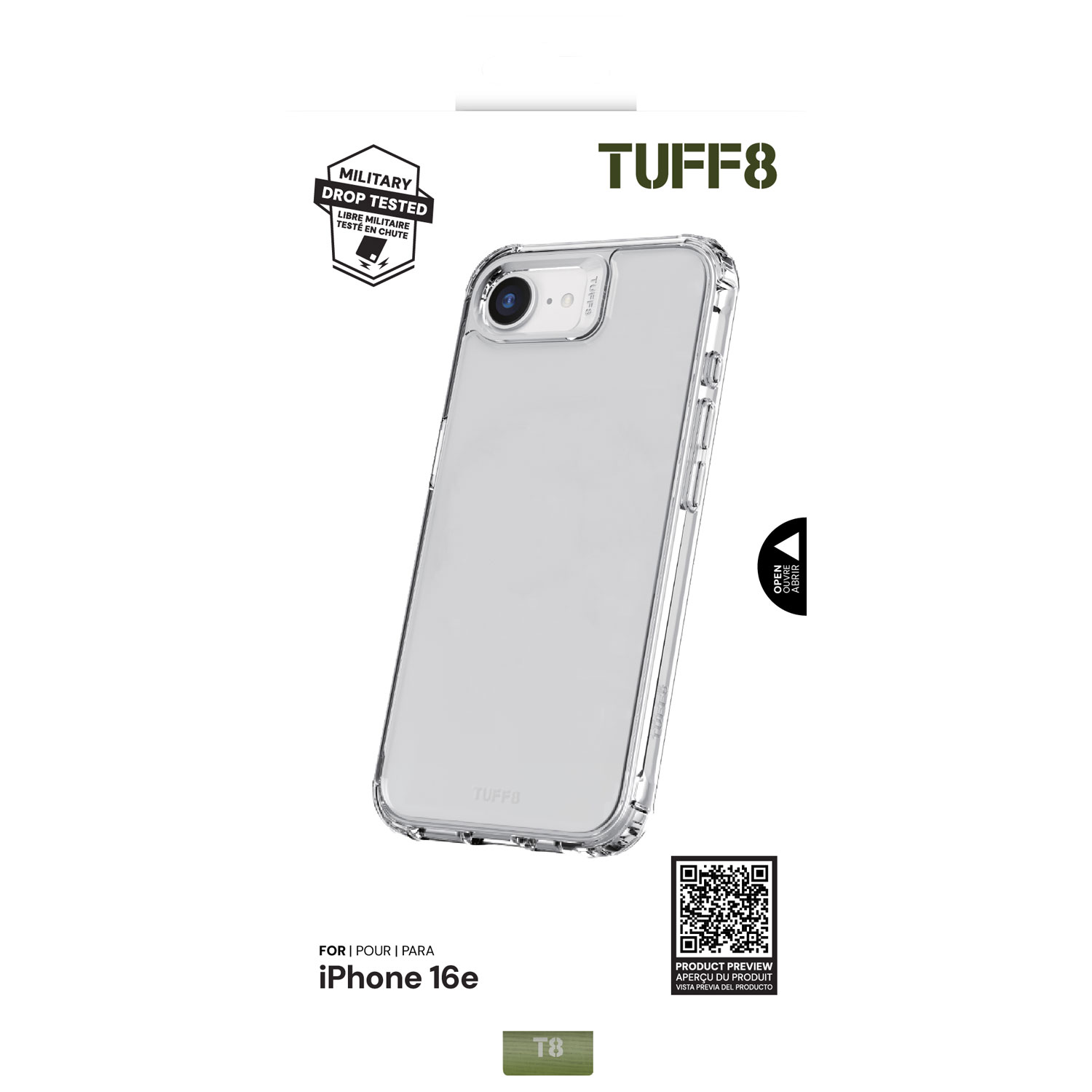 Étui rigide ajusté Rugged de Tuff8 pour iPhone 16e - Transparent