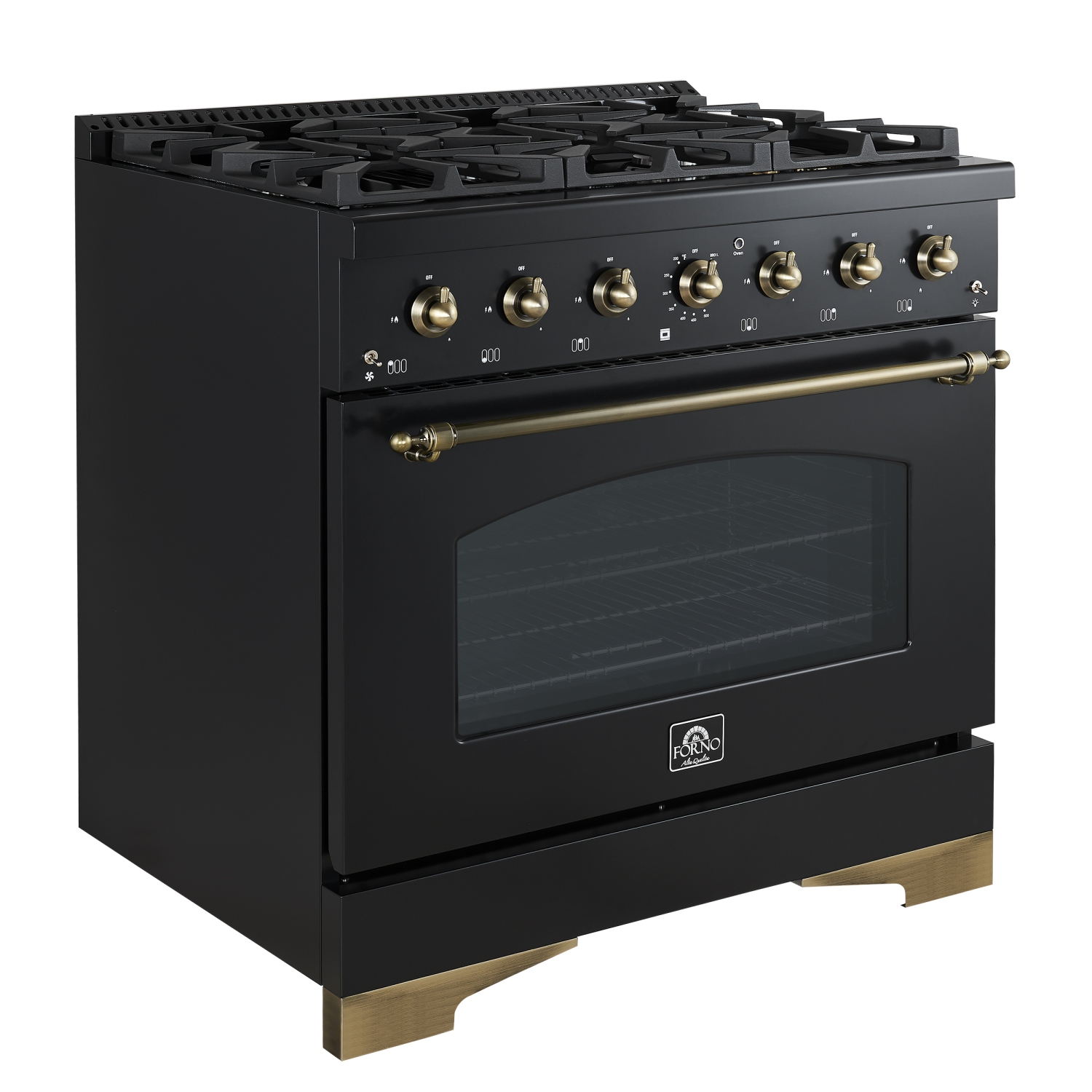 Forno Antico – Cuisinière biénergie de 36 po, noir et laiton antique, 6 brûleurs, 4,5 pi³ Four à convection