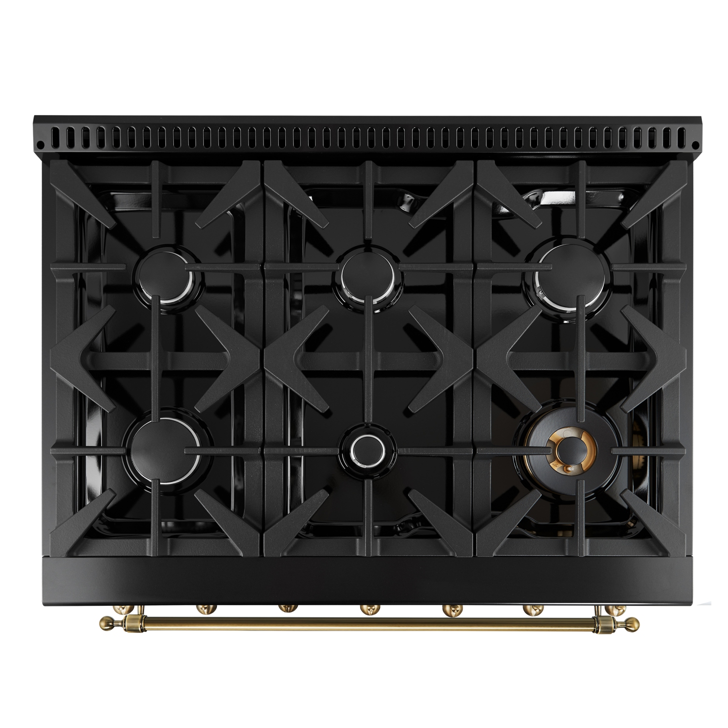 Forno Antico – Cuisinière biénergie de 36 po, noir et laiton antique, 6 brûleurs, 4,5 pi³ Four à convection