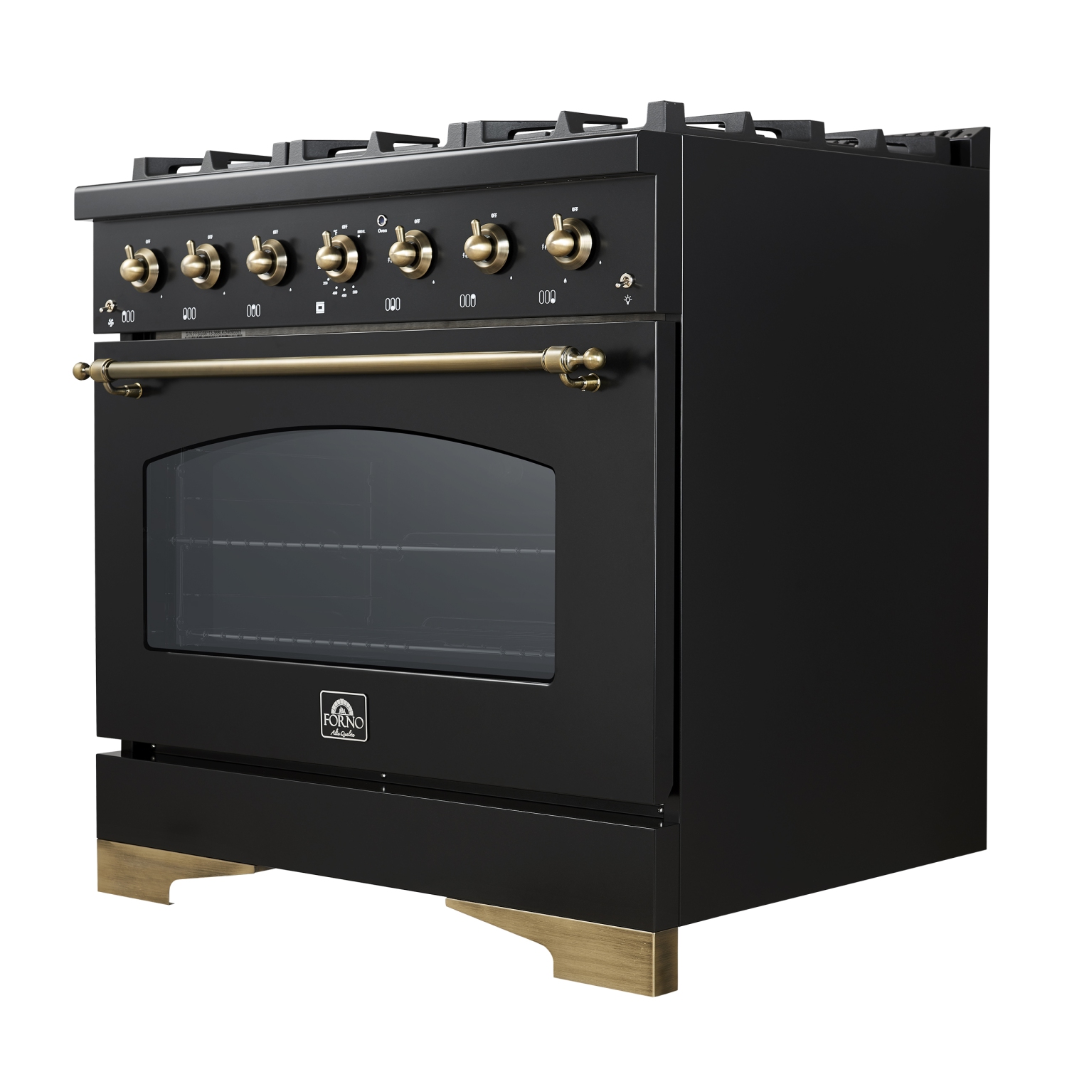 Forno Antico – Cuisinière biénergie de 36 po, noir et laiton antique, 6 brûleurs, 4,5 pi³ Four à convection