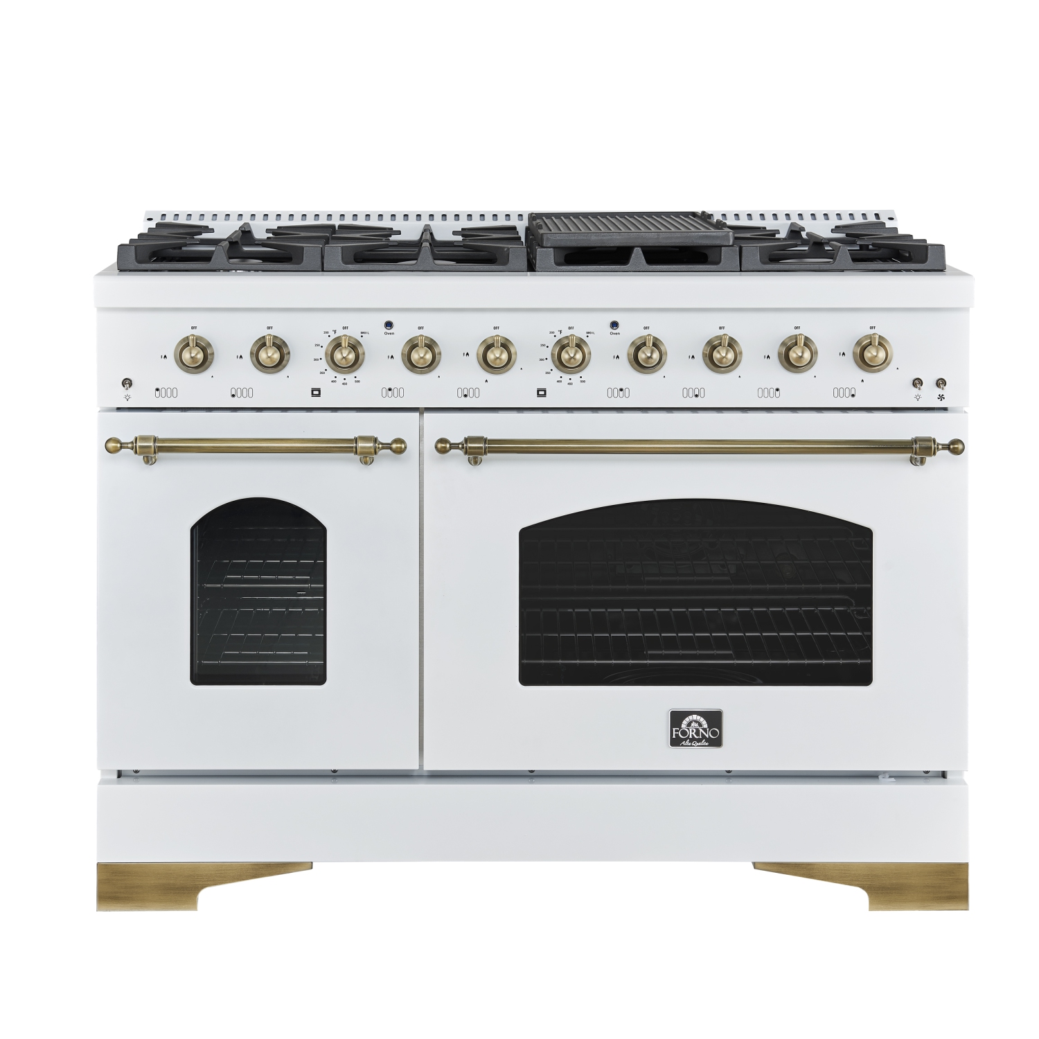 Forno Antico 48-Inch Dual Fuel Range, White with Antique Brass Finish, 8 Burners, 94,000 BTU, 5.5 cu.ft. Double Ovens & Griddle