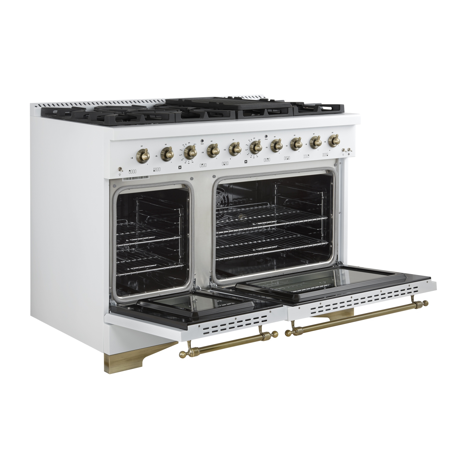 Forno Antico 48-Inch Dual Fuel Range, White with Antique Brass Finish, 8 Burners, 94,000 BTU, 5.5 cu.ft. Double Ovens & Griddle