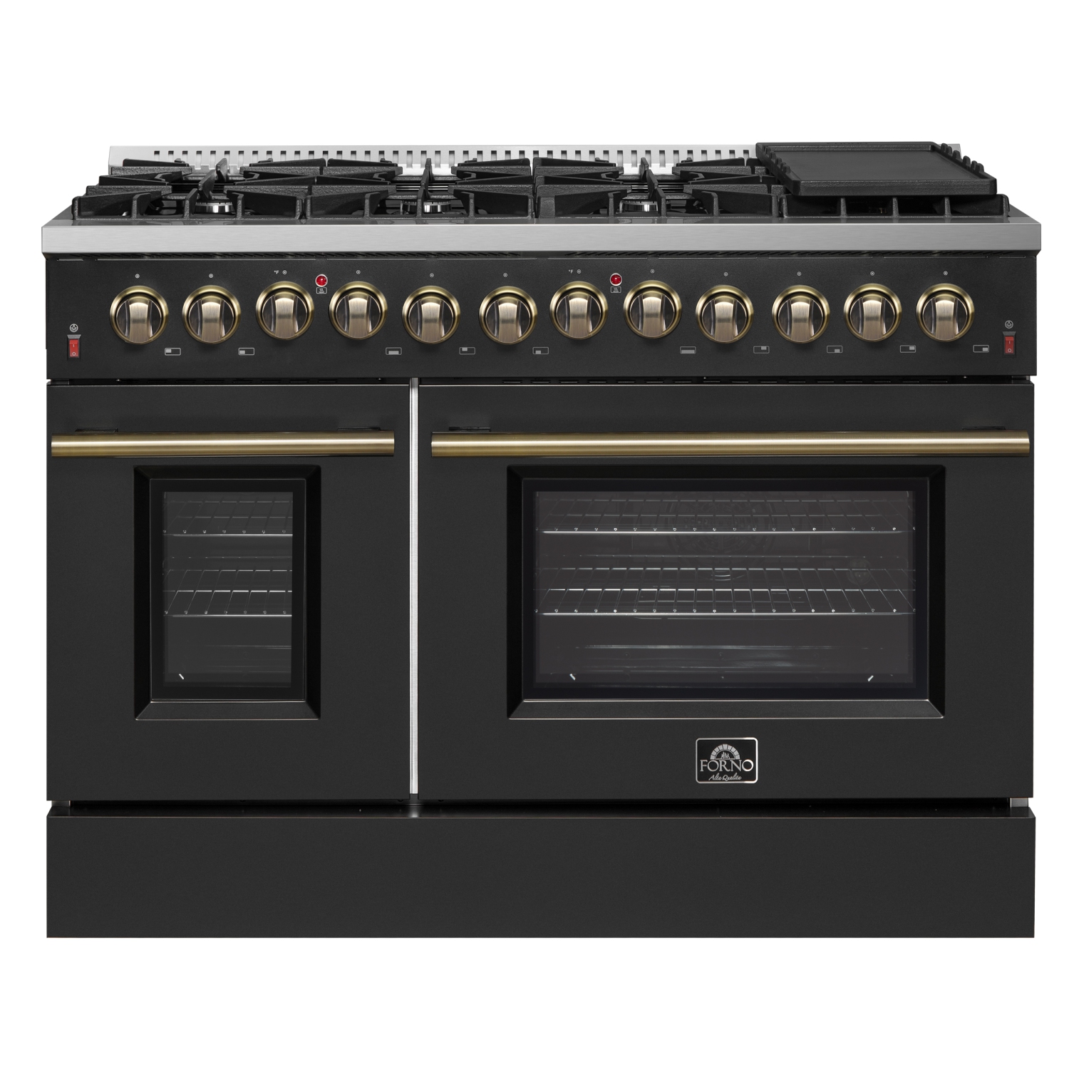 Cuisinière biénergie Galiano de 48&nbsp;po, fini noir et laiton antique, 8 brûleurs scellés 107&nbsp;000&nbsp;BTU, 6,58 pi3 avec Fours doubles et