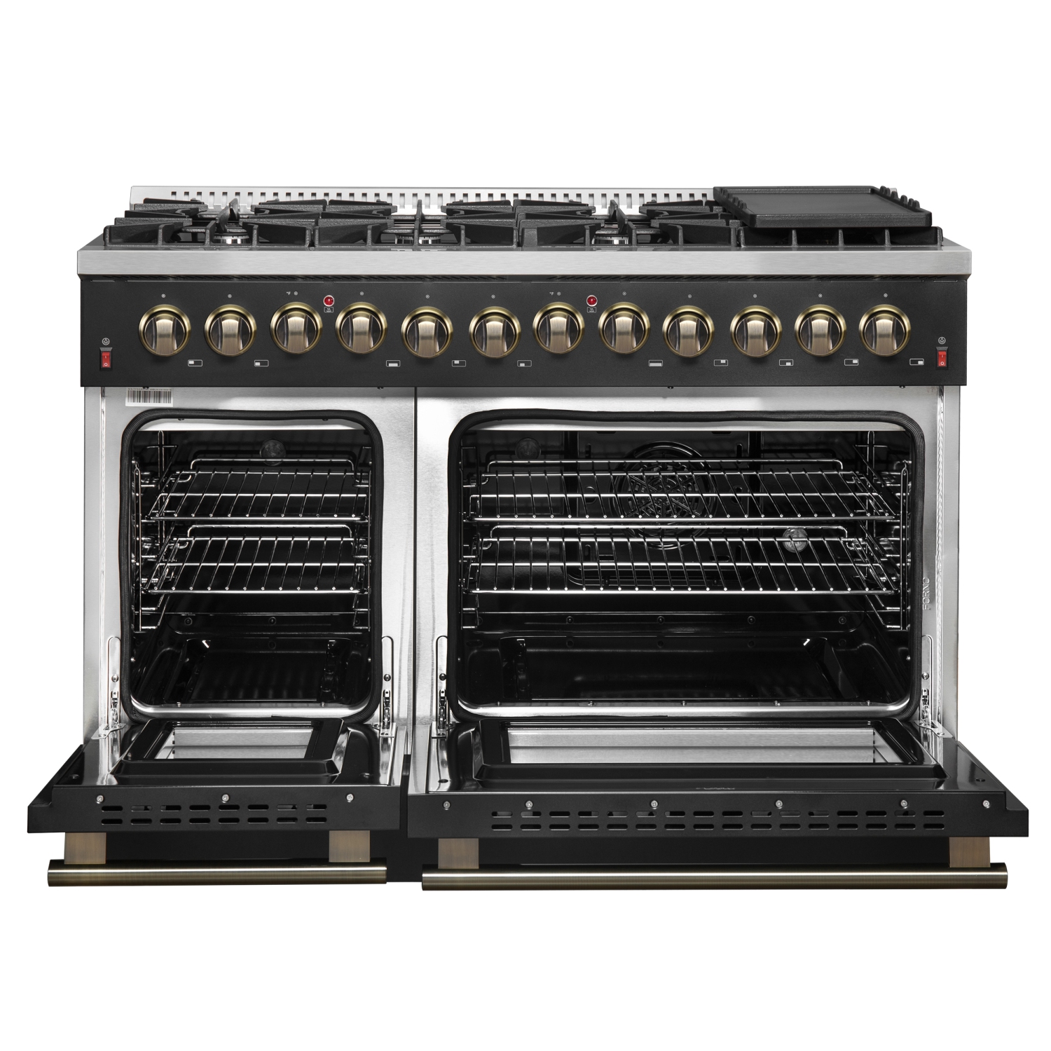 Cuisinière biénergie Galiano de 48&nbsp;po, fini noir et laiton antique, 8 brûleurs scellés 107&nbsp;000&nbsp;BTU, 6,58 pi3 avec Fours doubles et