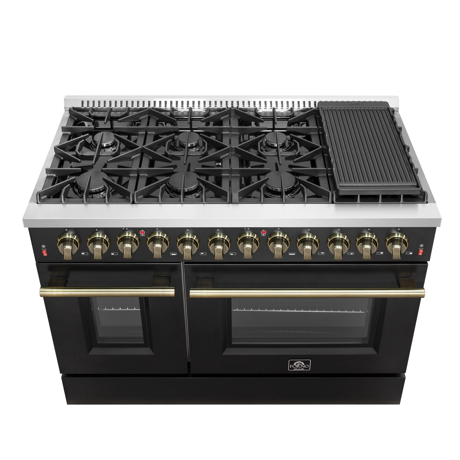 Cuisinière biénergie Galiano de 48&nbsp;po, fini noir et laiton antique, 8 brûleurs scellés 107&nbsp;000&nbsp;BTU, 6,58 pi3 avec Fours doubles et