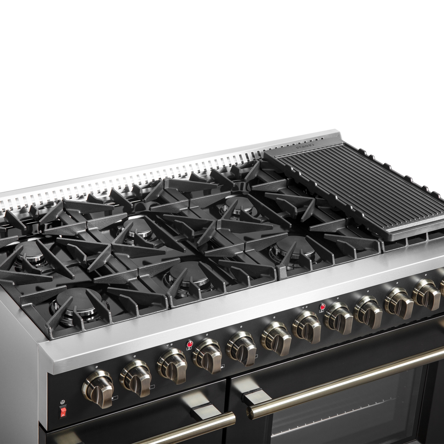 Cuisinière biénergie Galiano de 48&nbsp;po, fini noir et laiton antique, 8 brûleurs scellés 107&nbsp;000&nbsp;BTU, 6,58 pi3 avec Fours doubles et