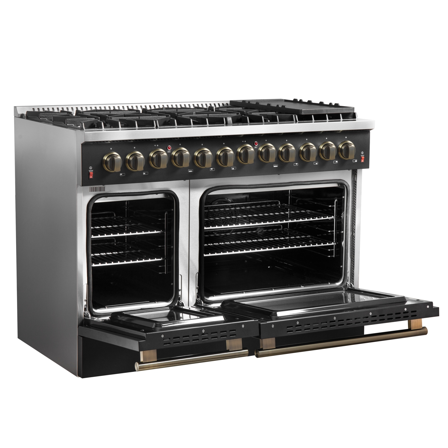 Cuisinière biénergie Galiano de 48&nbsp;po, fini noir et laiton antique, 8 brûleurs scellés 107&nbsp;000&nbsp;BTU, 6,58 pi3 avec Fours doubles et