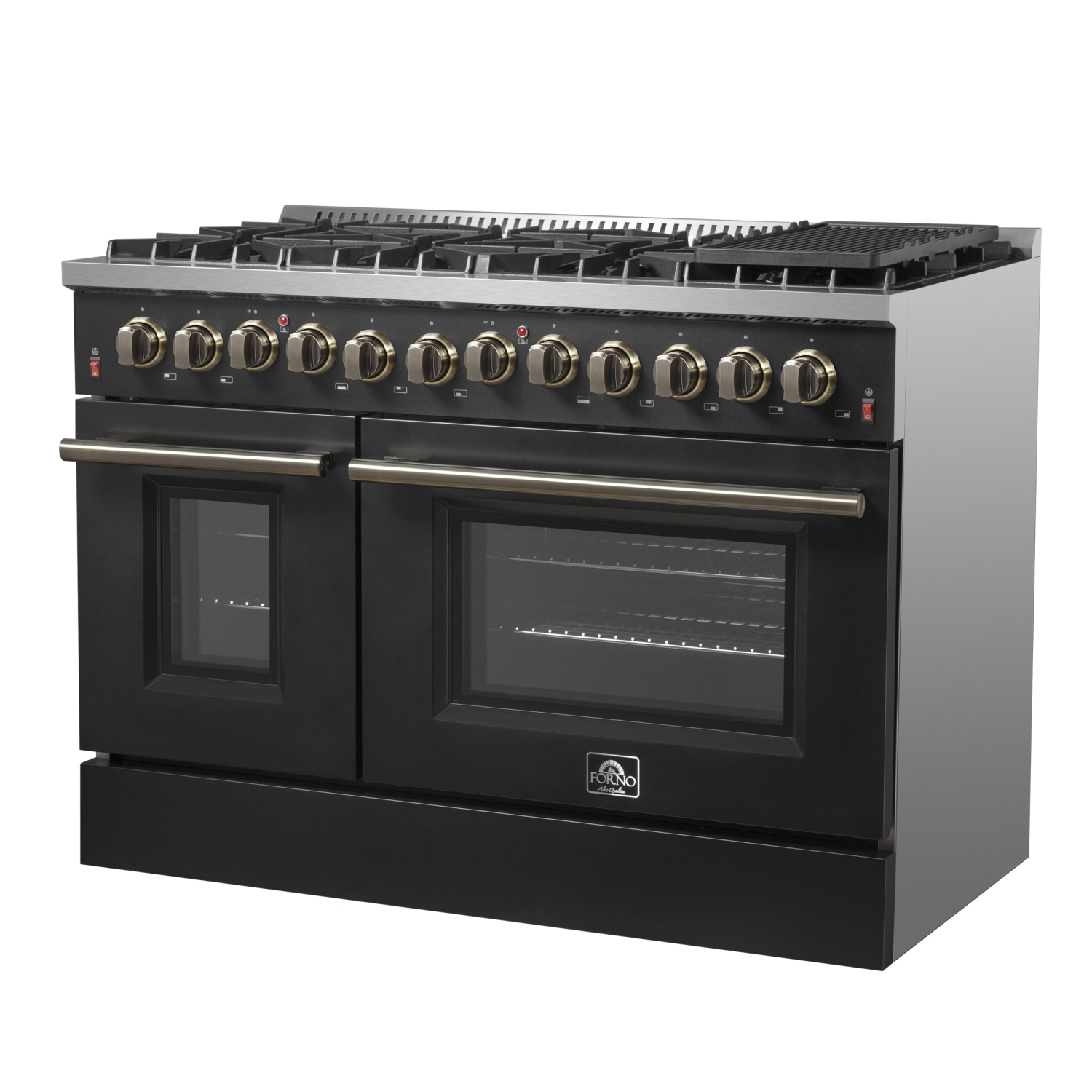 Cuisinière biénergie Galiano de 48&nbsp;po, fini noir et laiton antique, 8 brûleurs scellés 107&nbsp;000&nbsp;BTU, 6,58 pi3 avec Fours doubles et
