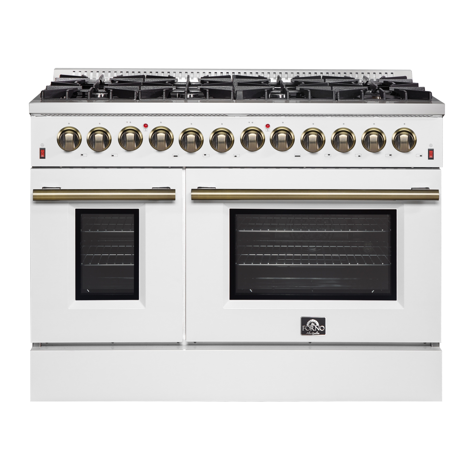 Cuisinière biénergie Galiano de 48&nbsp;po, fini blanc et laiton antique, 8 brûleurs scellés 107&nbsp;000&nbsp;BTU, 6,58 pi3 avec Fours doubles et