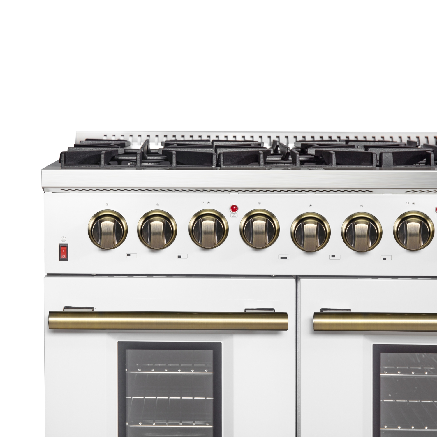 Cuisinière biénergie Galiano de 48&nbsp;po, fini blanc et laiton antique, 8 brûleurs scellés 107&nbsp;000&nbsp;BTU, 6,58 pi3 avec Fours doubles et