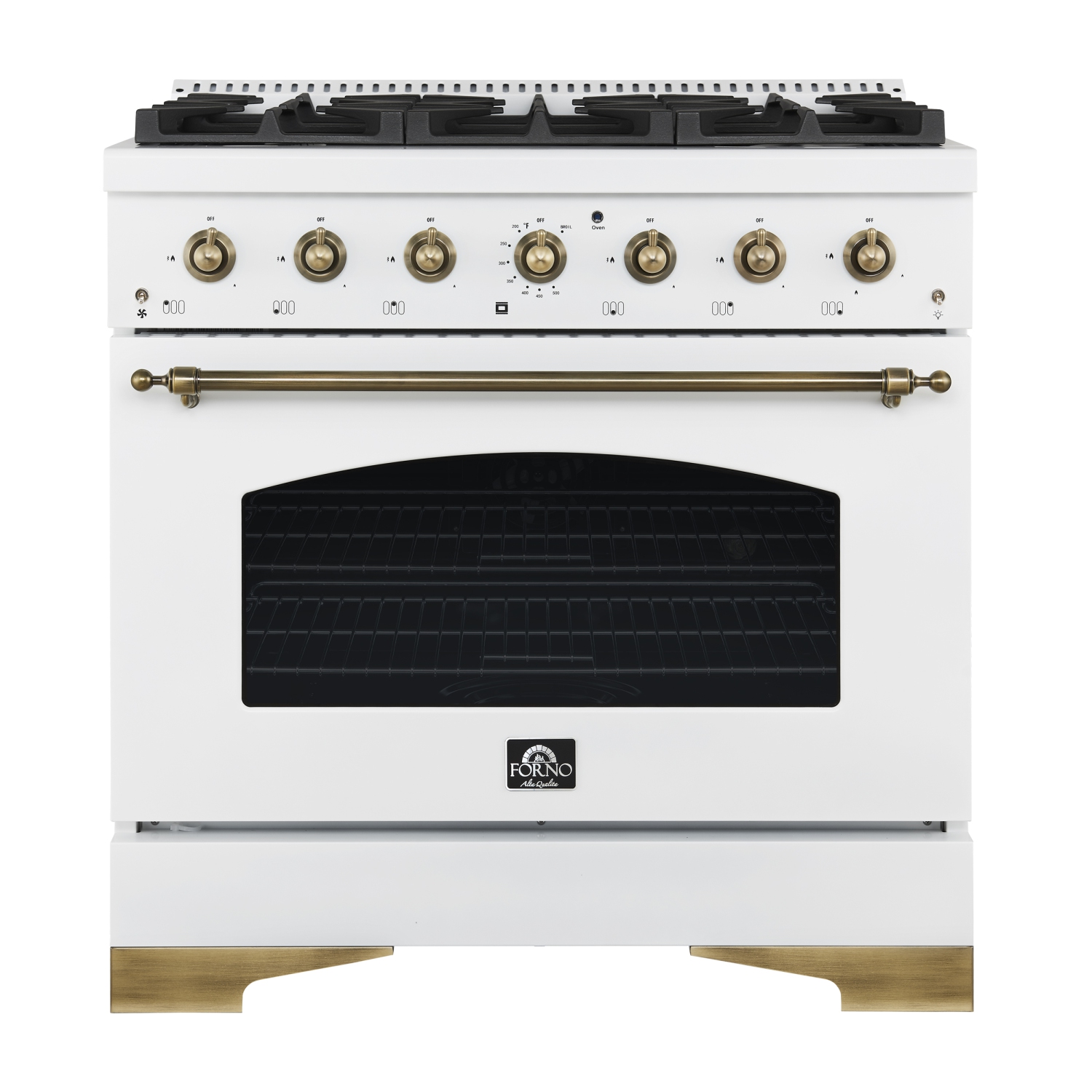 Forno Antico 36-inch Dual Fuel Range White and Antique Brass Design with 6 Sealed Gas Burners and Electric Convection Oven