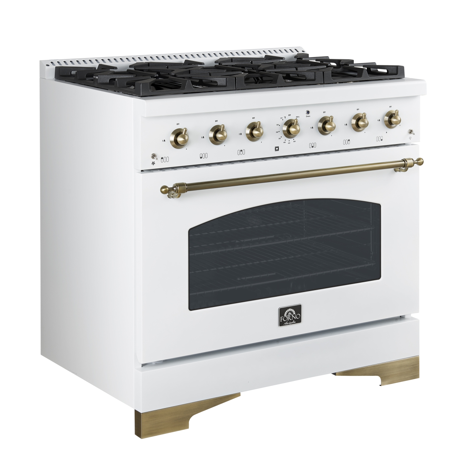 Forno Antico 36-inch Dual Fuel Range White and Antique Brass Design with 6 Sealed Gas Burners and Electric Convection Oven
