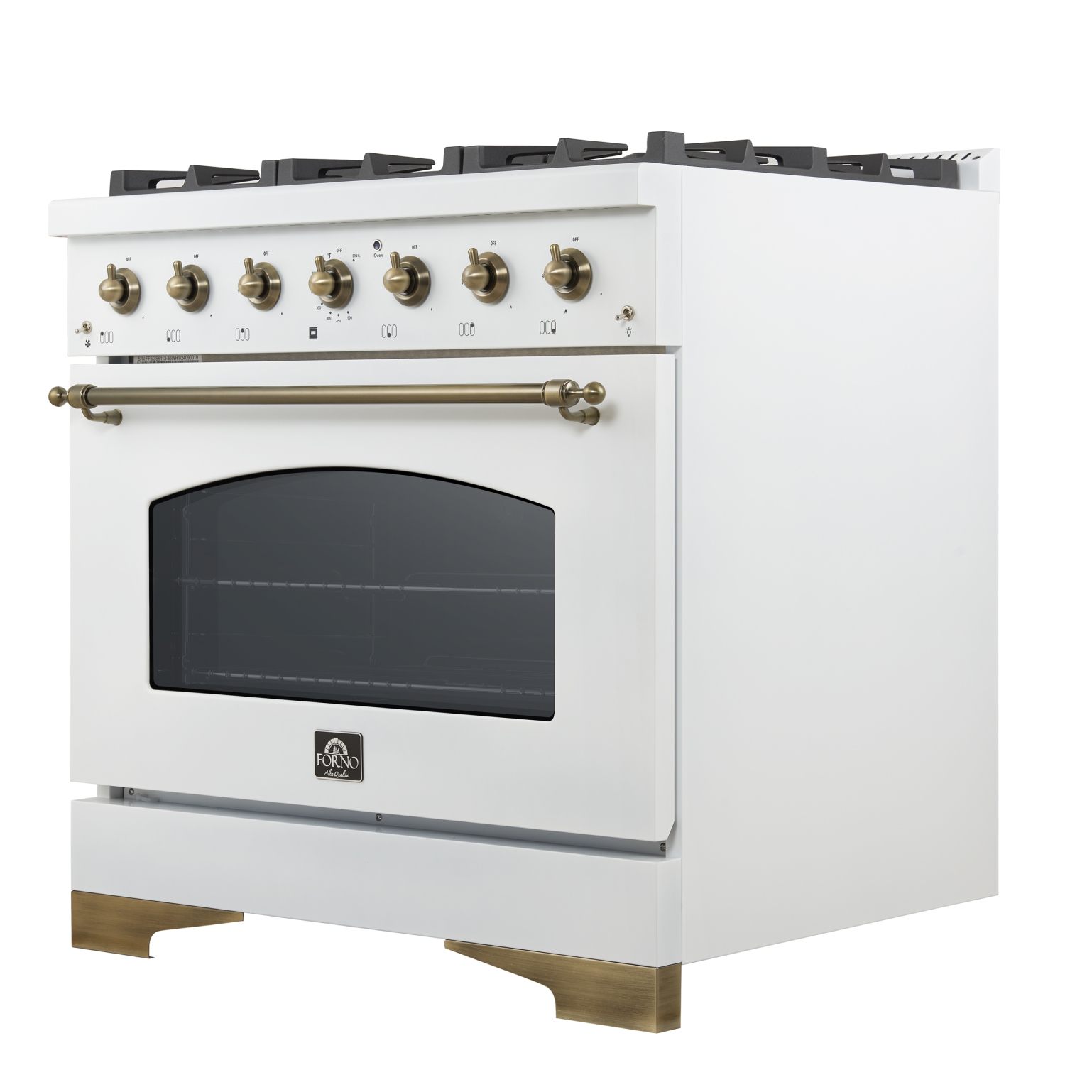 Forno Antico 36-inch Dual Fuel Range White and Antique Brass Design with 6 Sealed Gas Burners and Electric Convection Oven