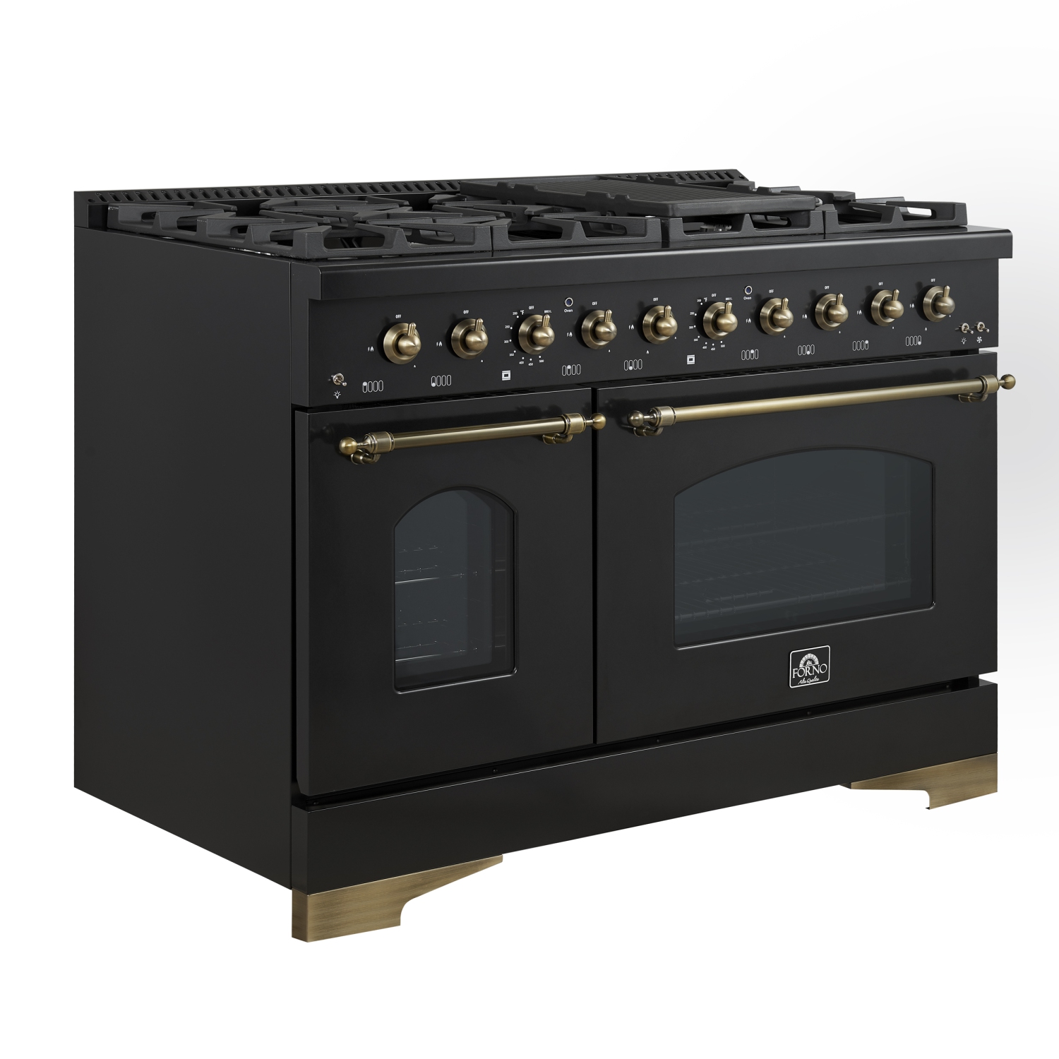 Forno Antico – Cuisinière biénergie de 48&nbsp;po, noir avec fini laiton antique, 8 brûleurs, 94&nbsp;000&nbsp;BTU, 5,5&nbsp;pi³ Fours doubles et