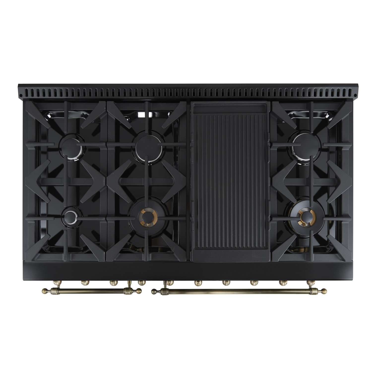 Forno Antico – Cuisinière biénergie de 48&nbsp;po, noir avec fini laiton antique, 8 brûleurs, 94&nbsp;000&nbsp;BTU, 5,5&nbsp;pi³ Fours doubles et