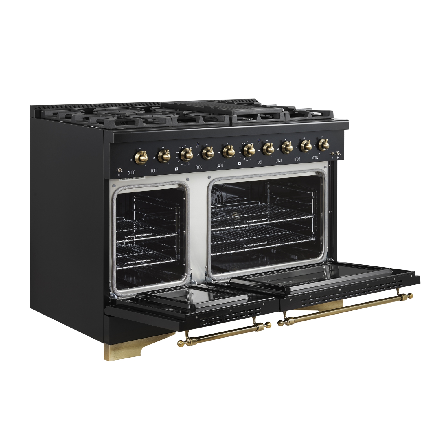 Forno Antico – Cuisinière biénergie de 48&nbsp;po, noir avec fini laiton antique, 8 brûleurs, 94&nbsp;000&nbsp;BTU, 5,5&nbsp;pi³ Fours doubles et