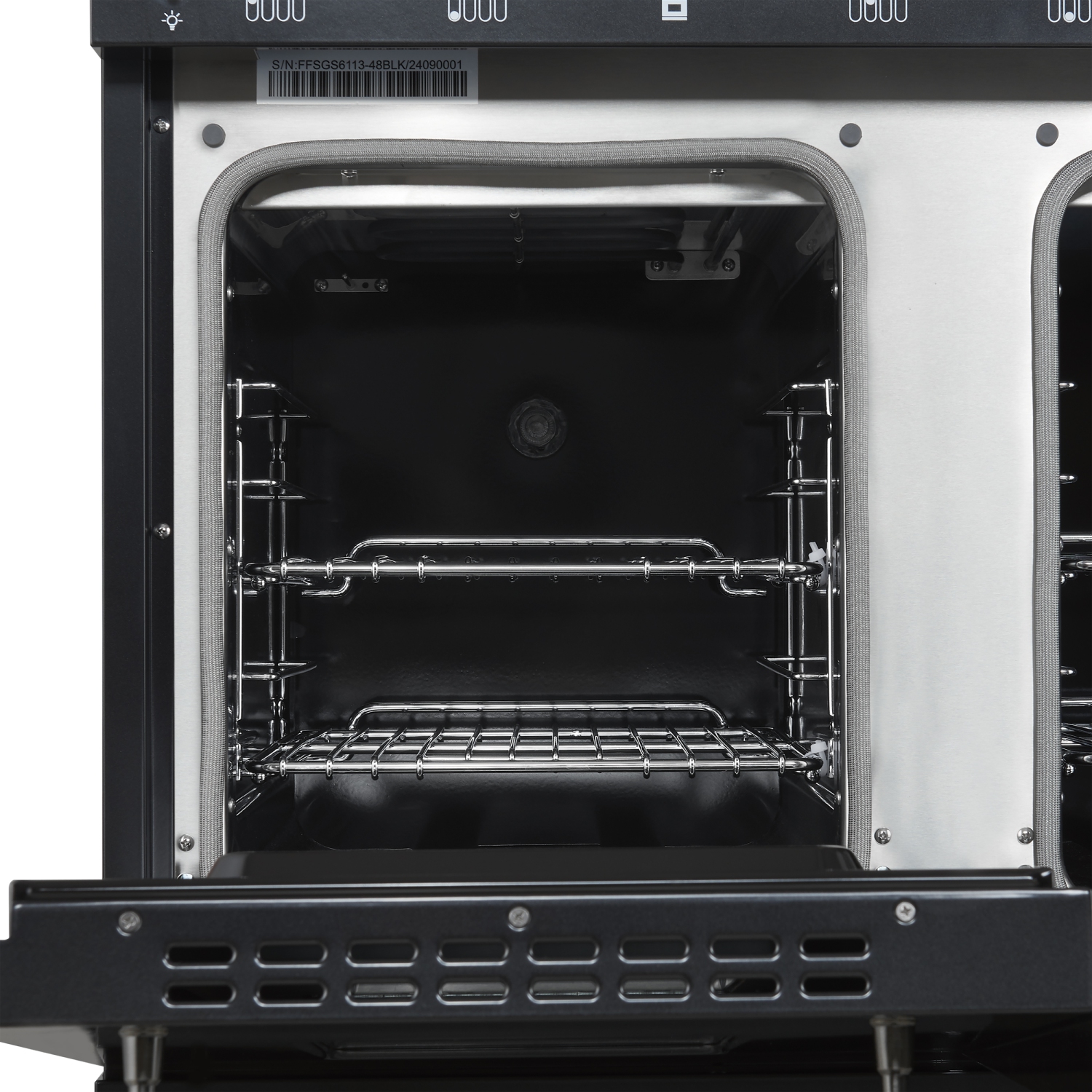 Forno Antico – Cuisinière biénergie de 48&nbsp;po, noir avec fini laiton antique, 8 brûleurs, 94&nbsp;000&nbsp;BTU, 5,5&nbsp;pi³ Fours doubles et