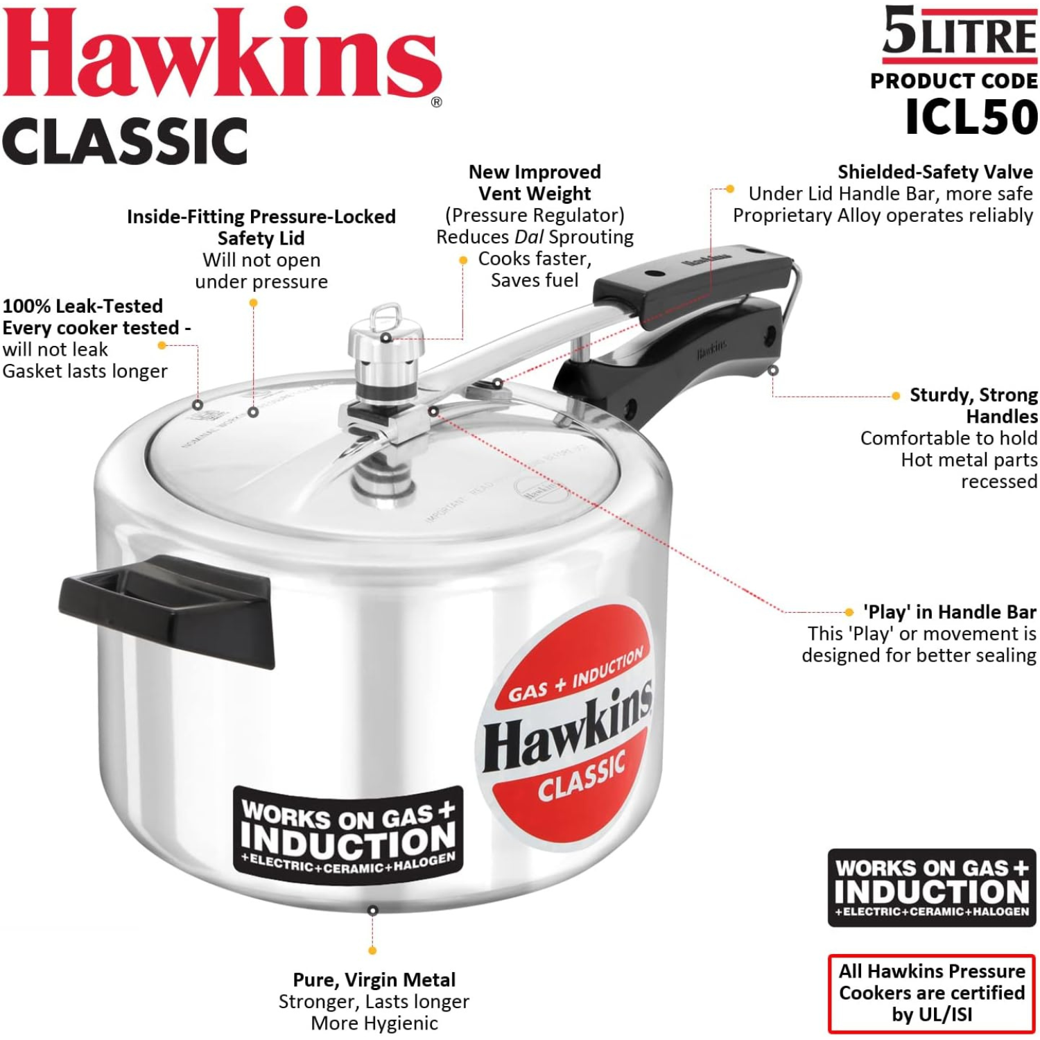 Hawkins Pressure Cooker Classic 5 Litre - Works on gas, induction, electric, ceramic, halogen