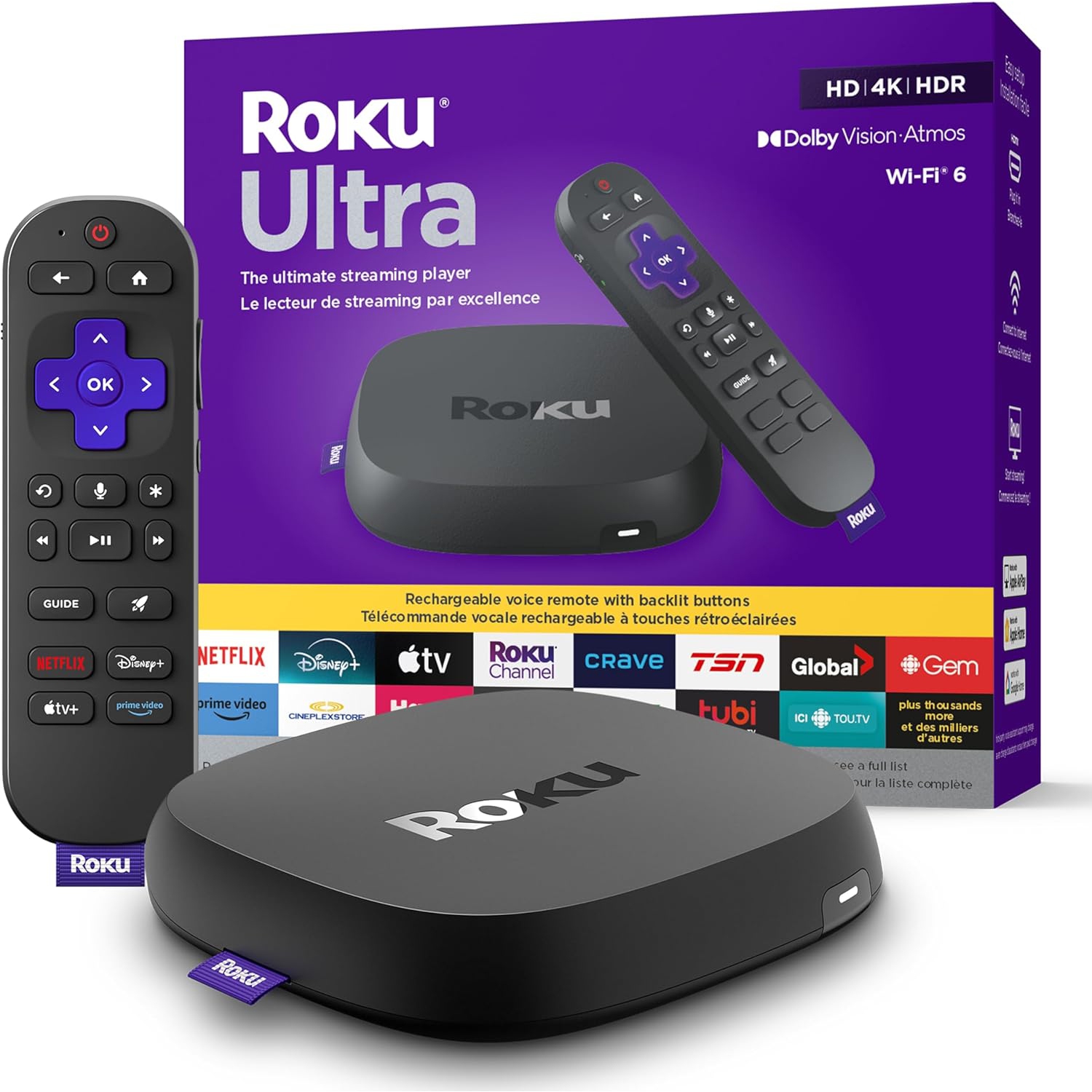 Roku Ultra 2024 | The Ultimate Streaming Player - 4K Streaming Device with HDR10+, Bluetooth & Wi-Fi 6 - Rechargeable Voice Remote Pro with Backlit