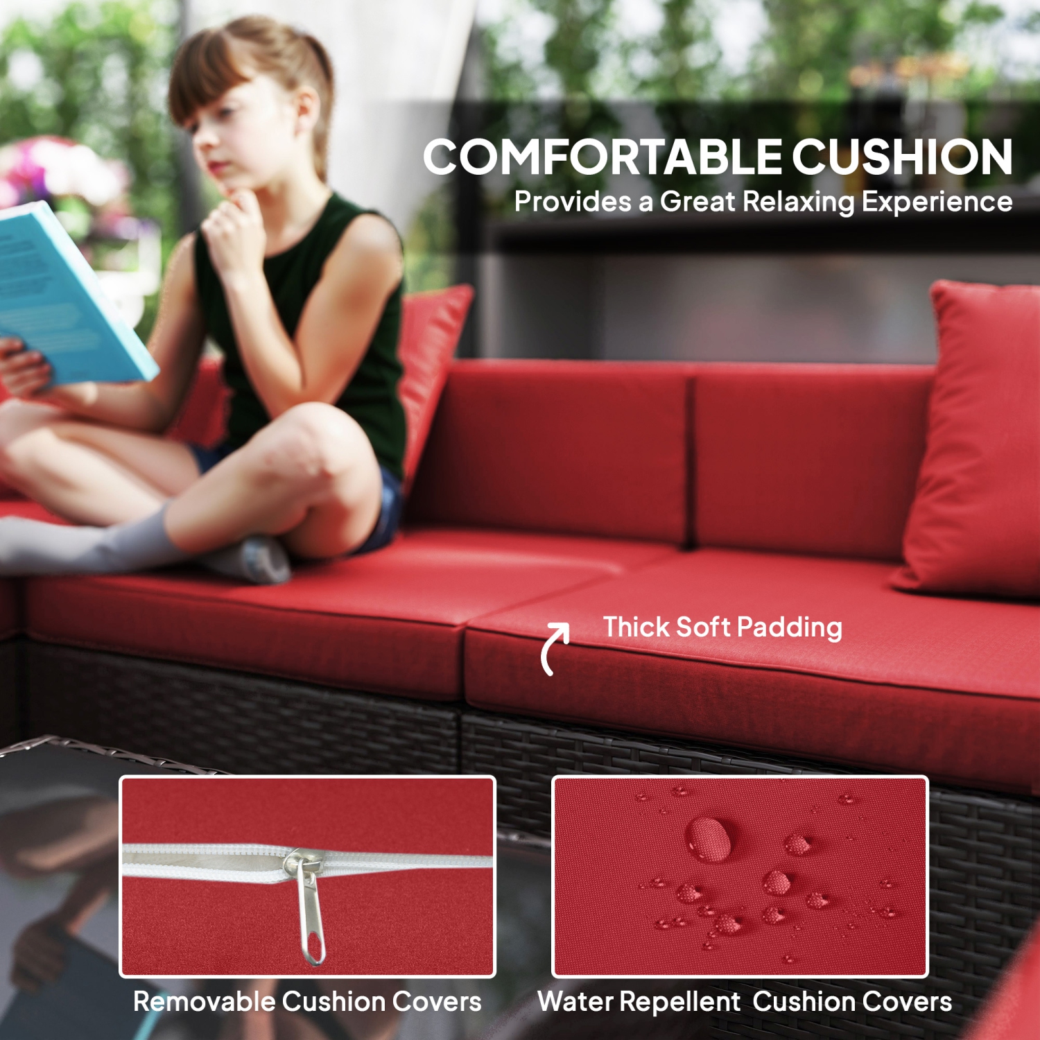 Outsunny 7 Piece Patio Furniture Set, PE Rattan Outdoor Conversation Set with Sectional Sofa, Glass Tabletop, Cushions and Pillows for Garden, Lawn,