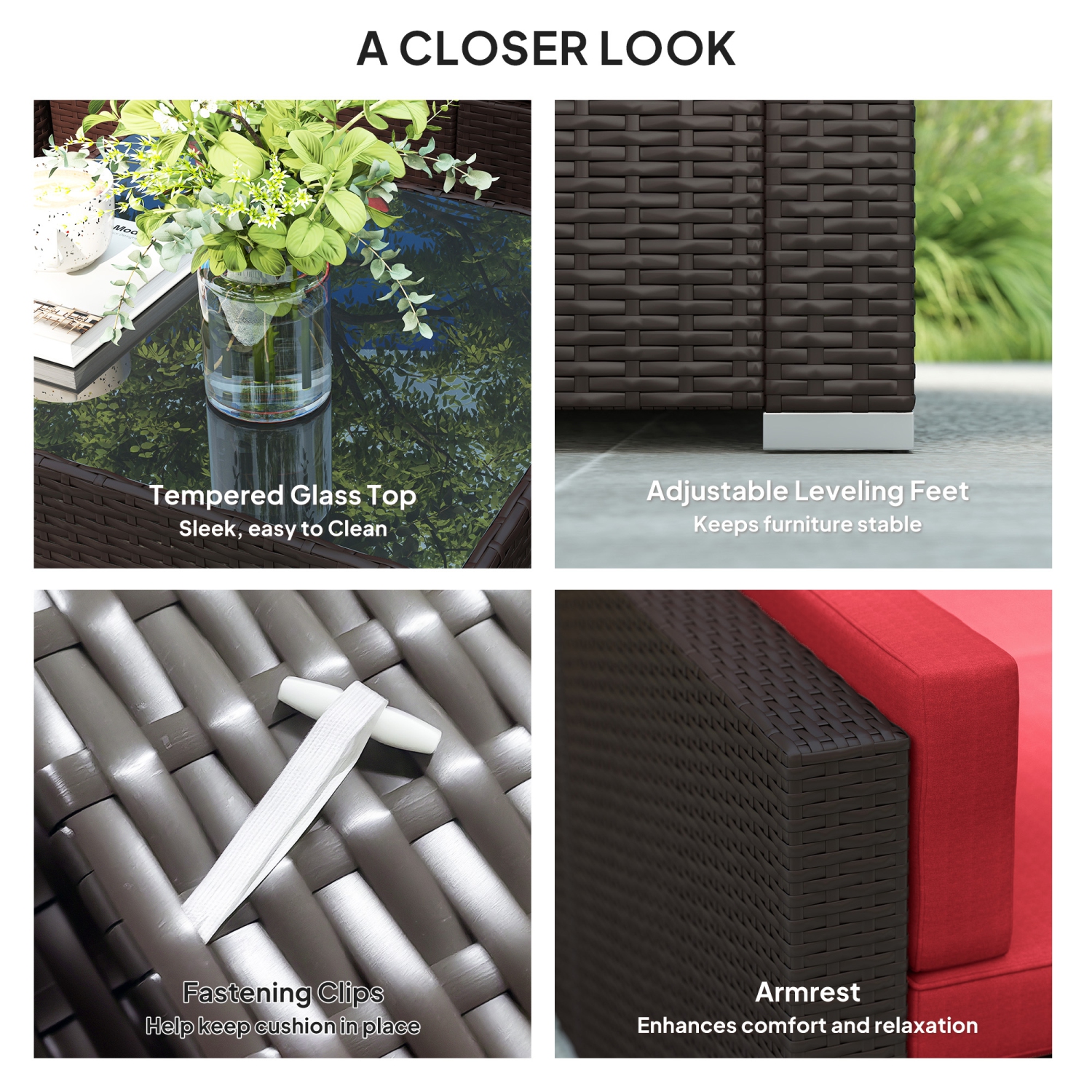 Outsunny 7 Piece Patio Furniture Set, PE Rattan Outdoor Conversation Set with Sectional Sofa, Glass Tabletop, Cushions and Pillows for Garden, Lawn,