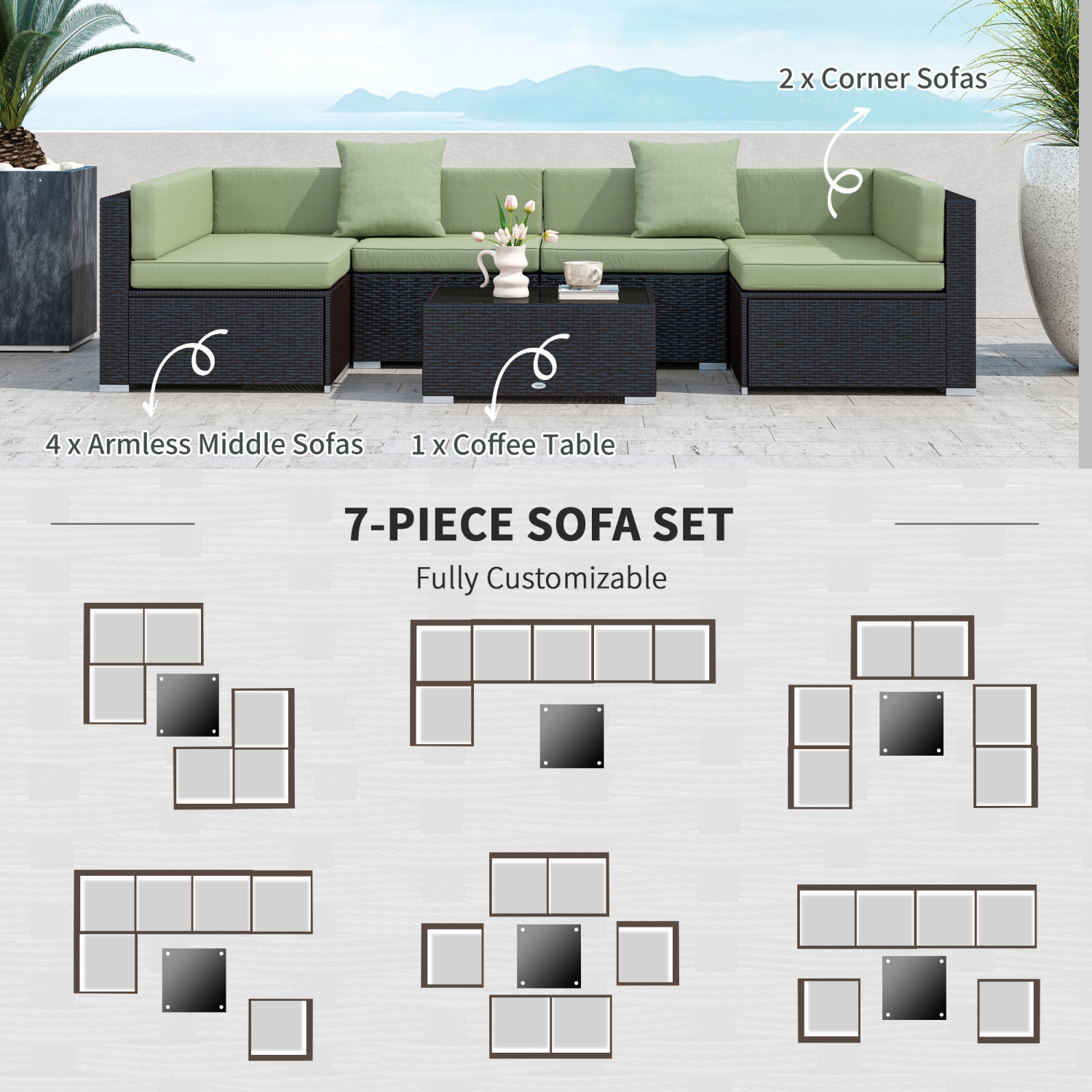 Outsunny 7 Piece Patio Furniture Set, PE Rattan Outdoor Conversation Set with Sectional Sofa, Glass Tabletop, Cushions and Pillows for Garden, Lawn,