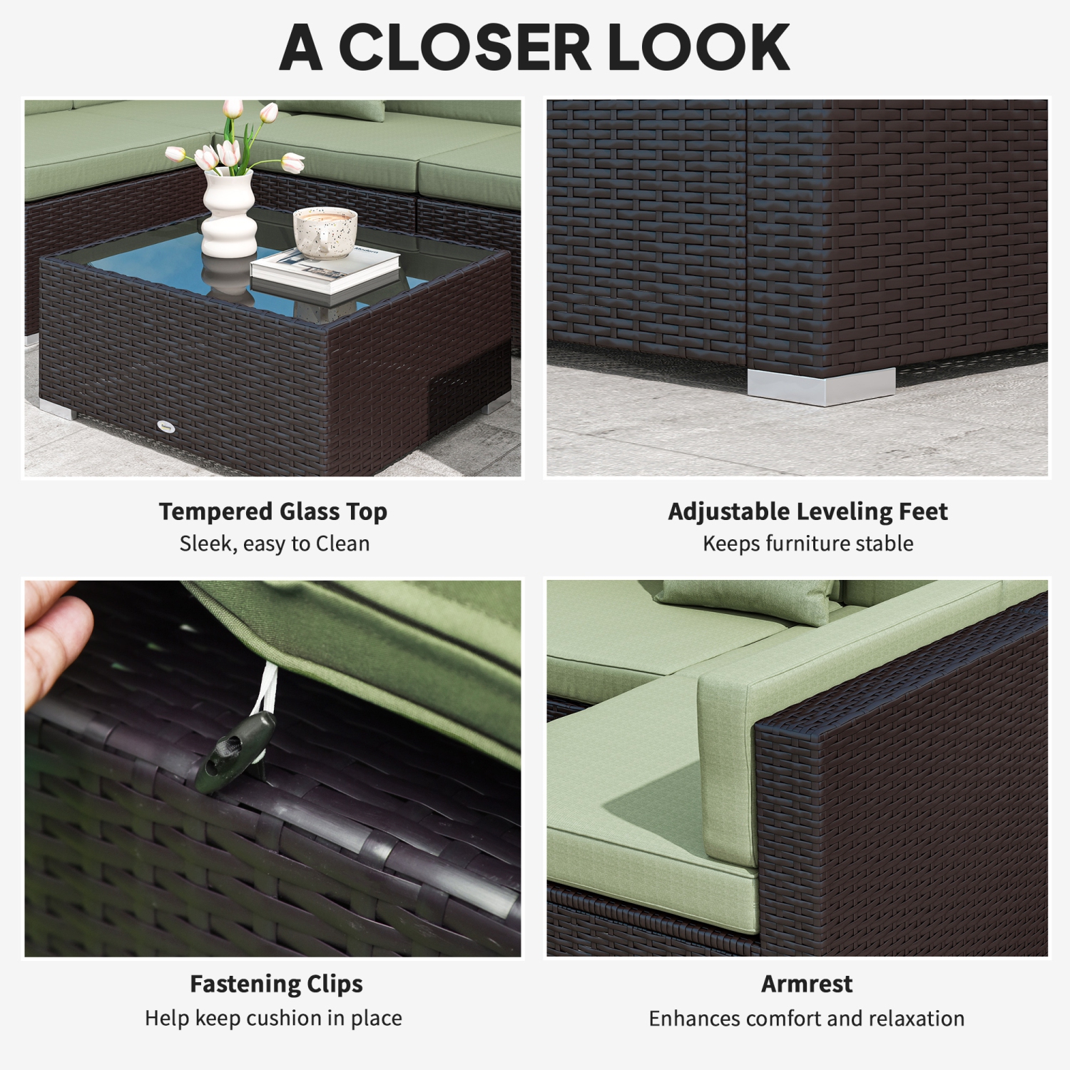 Outsunny 7 Piece Patio Furniture Set, PE Rattan Outdoor Conversation Set with Sectional Sofa, Glass Tabletop, Cushions and Pillows for Garden, Lawn,