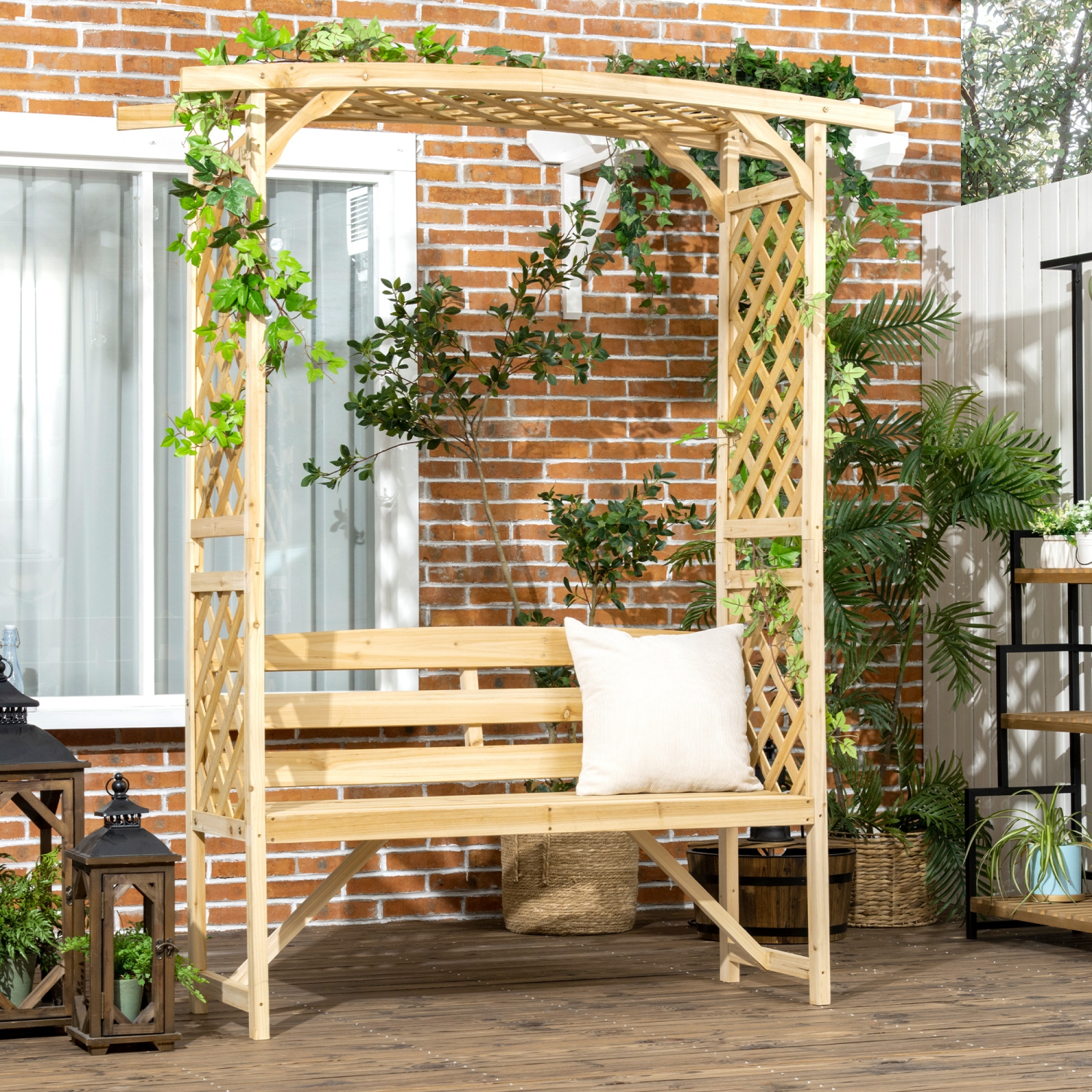 Outsunny Garden Arch with Bench, Wooden Garden Arbor Archway Trellis for Climbing Plants, 2-Person Outdoor Bench for Vines, Flowers, Wedding, Party,