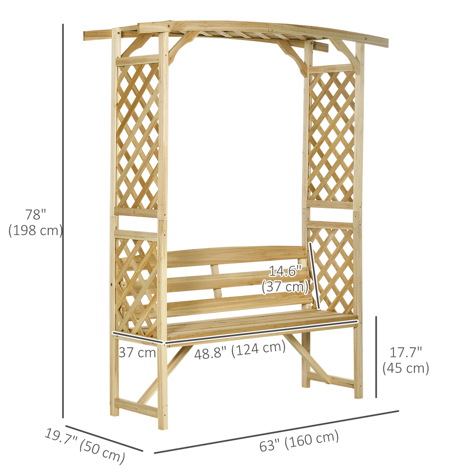 Outsunny Garden Arch with Bench, Wooden Garden Arbor Archway Trellis for Climbing Plants, 2-Person Outdoor Bench for Vines, Flowers, Wedding, Party,
