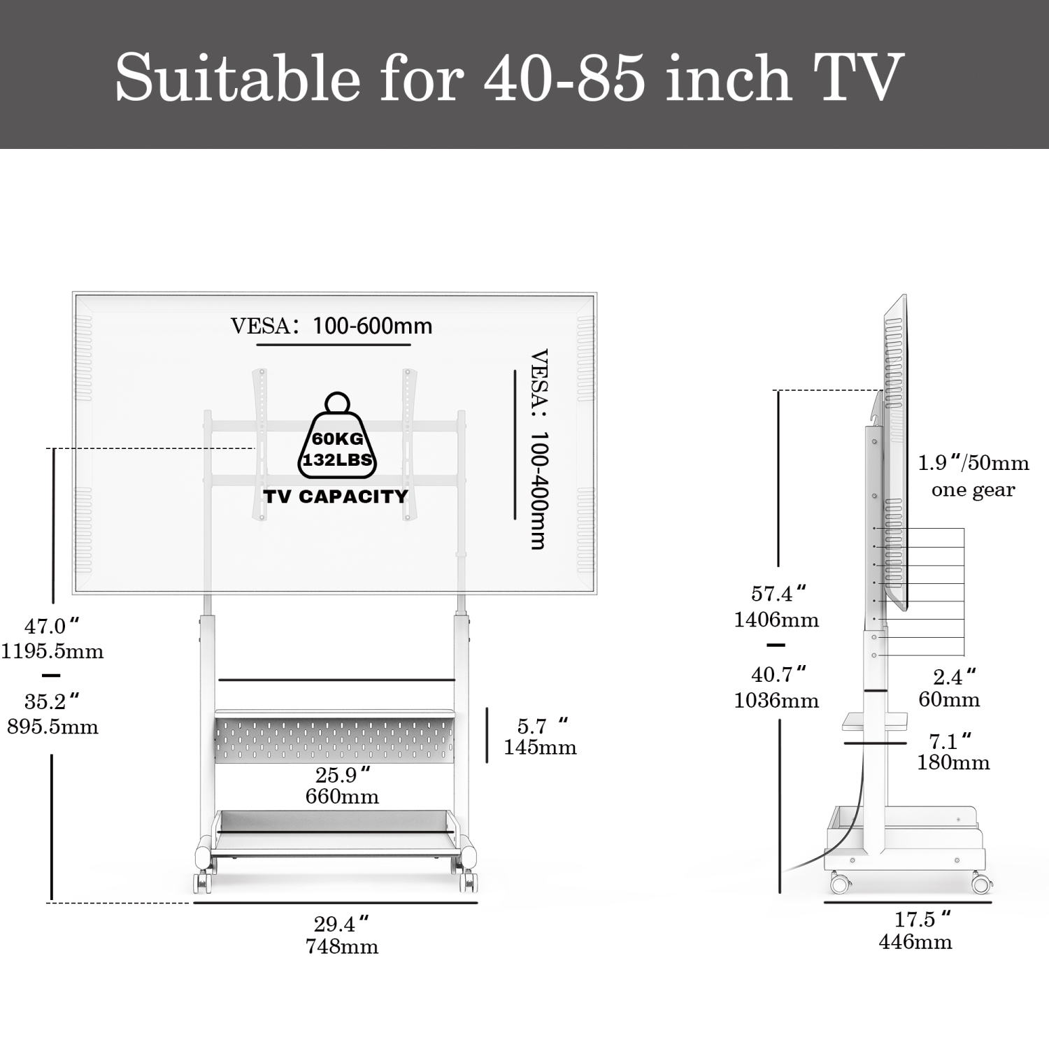 Meuble pour téléviseur FITUEYES avec roulettes pour écran plat LCD LED 40 à 85&nbsp;po, norme VESA 600 400&nbsp;mm max., supporte jusqu'à