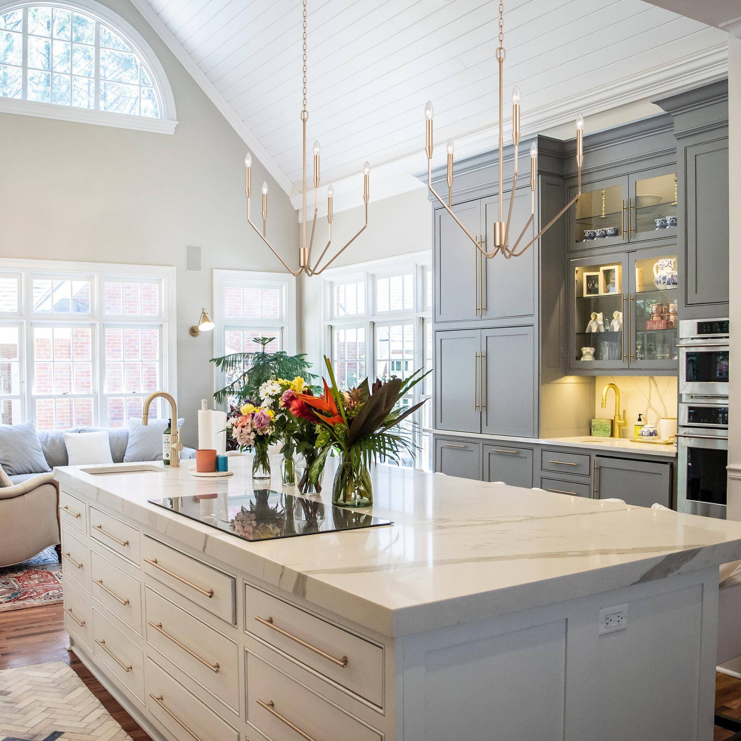 Modern Gold Candlestick Island Chandelier, 5-Light Transitional Chandelier Pendant Light for Kitchen Bedroom