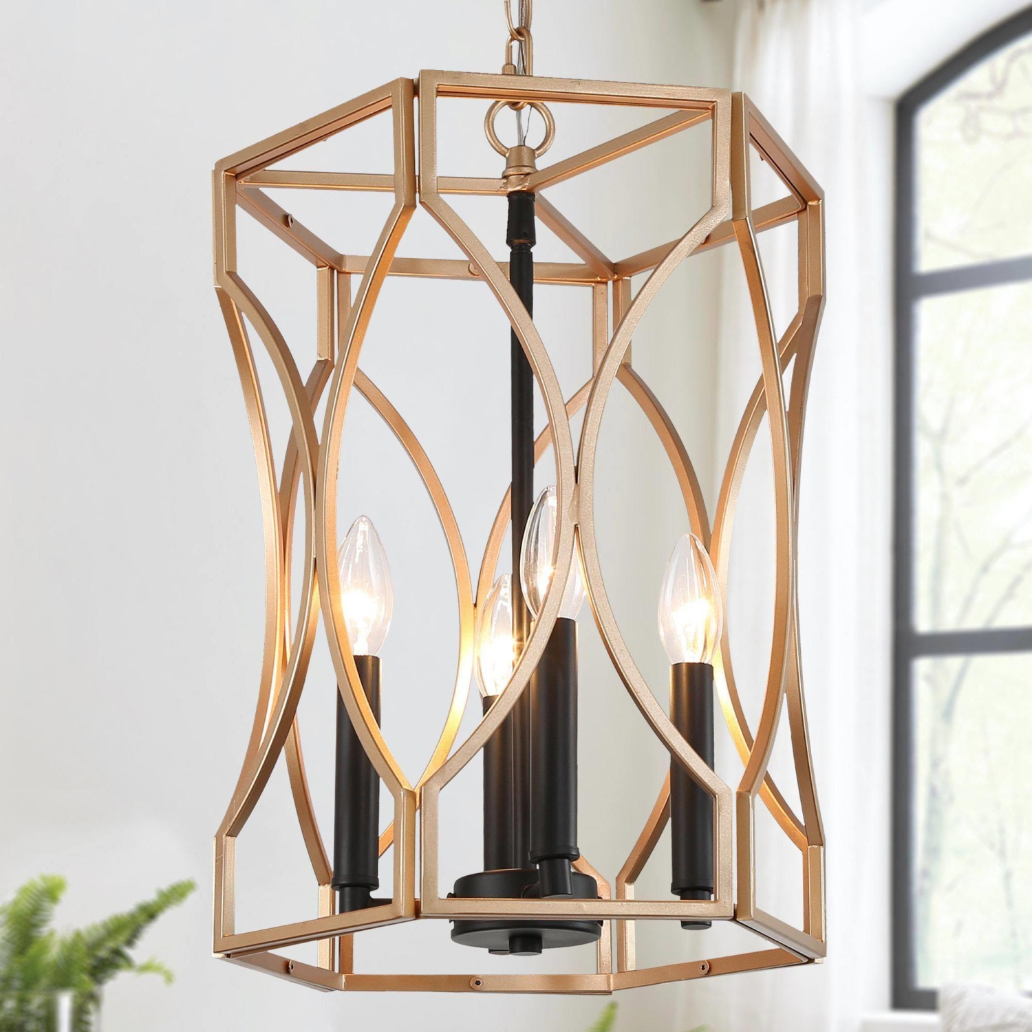 Lampe suspendue moderne en forme de tambour en or noir, chandelier à 4 lumières classique Vintage Cage suspendu