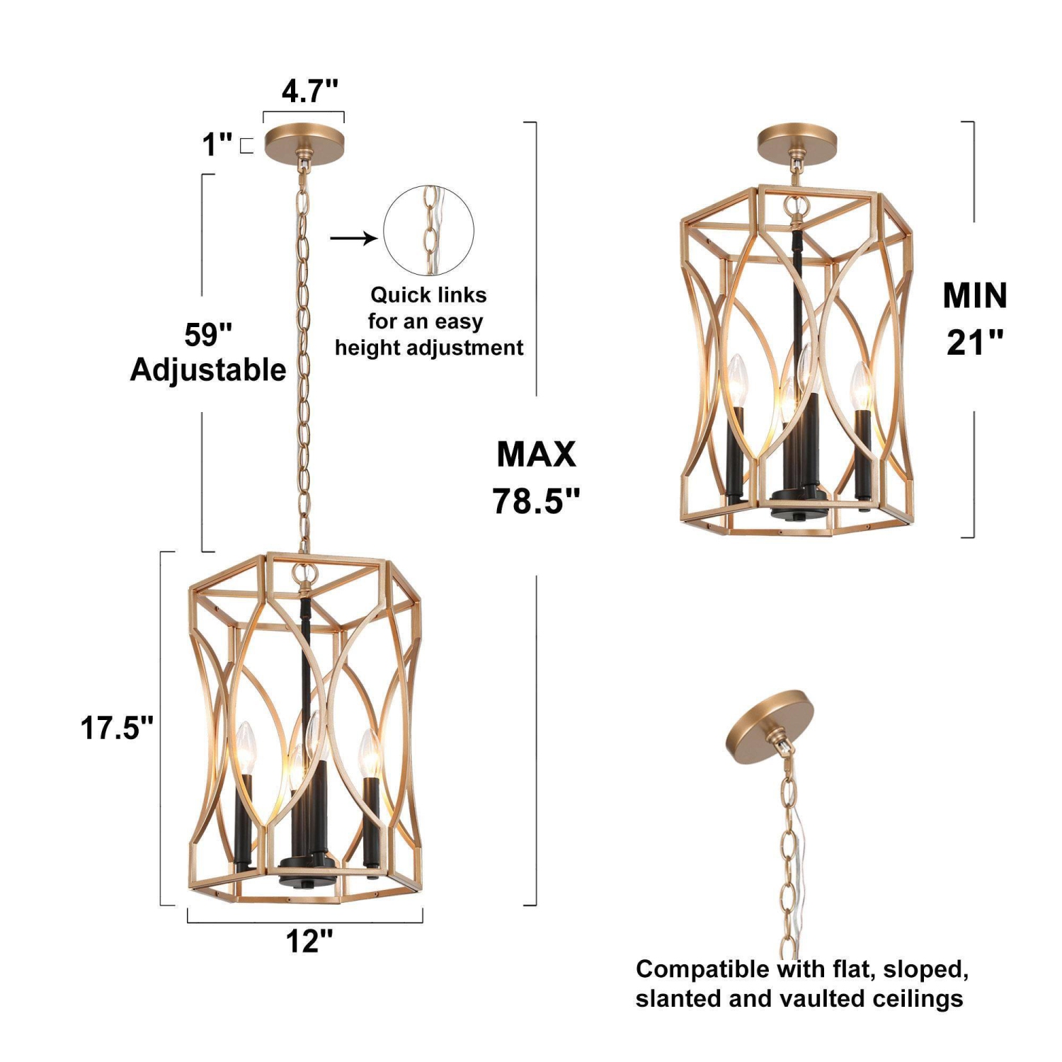 Lampe suspendue moderne en forme de tambour en or noir, chandelier à 4 lumières classique Vintage Cage suspendu