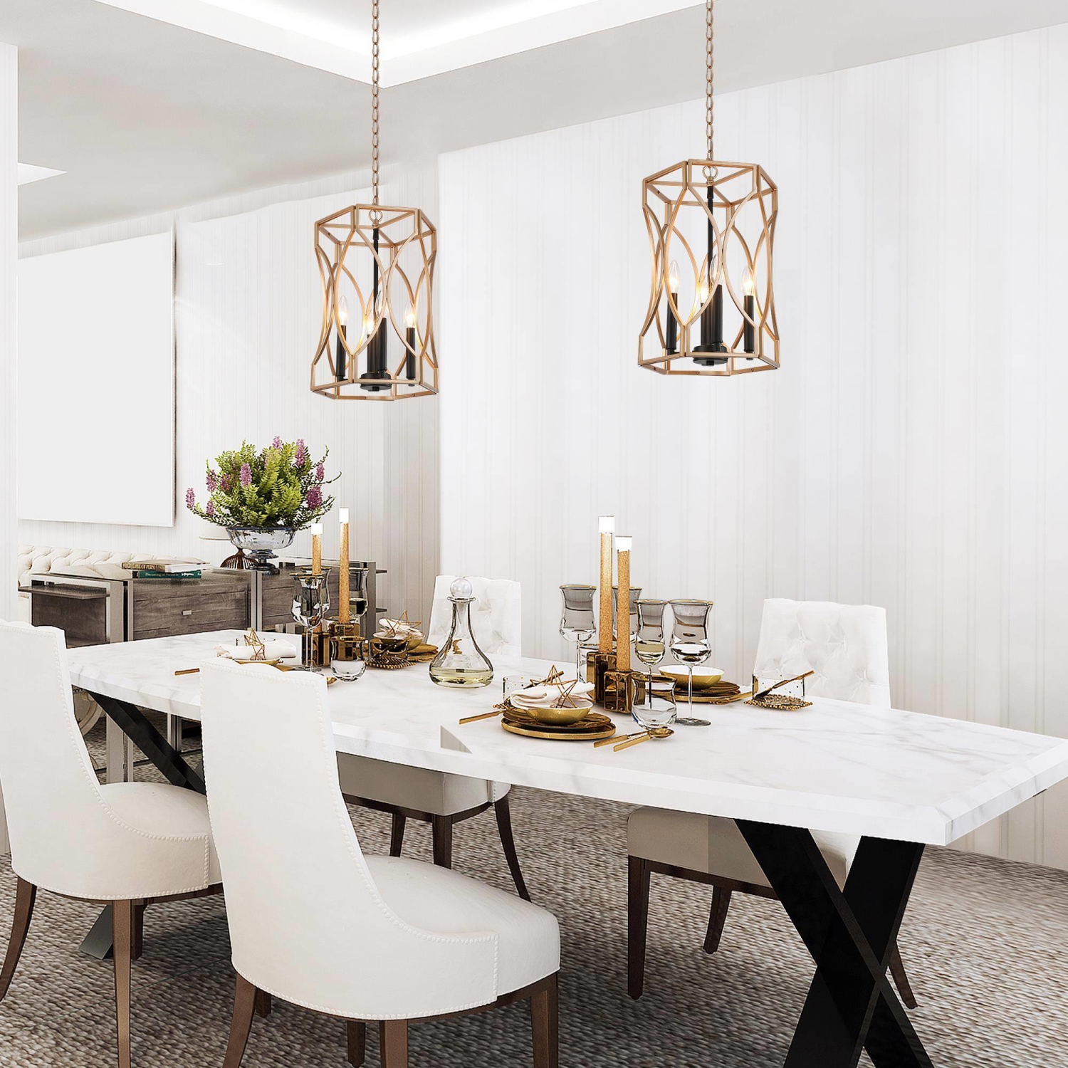 Lampe suspendue moderne en forme de tambour en or noir, chandelier à 4 lumières classique Vintage Cage suspendu