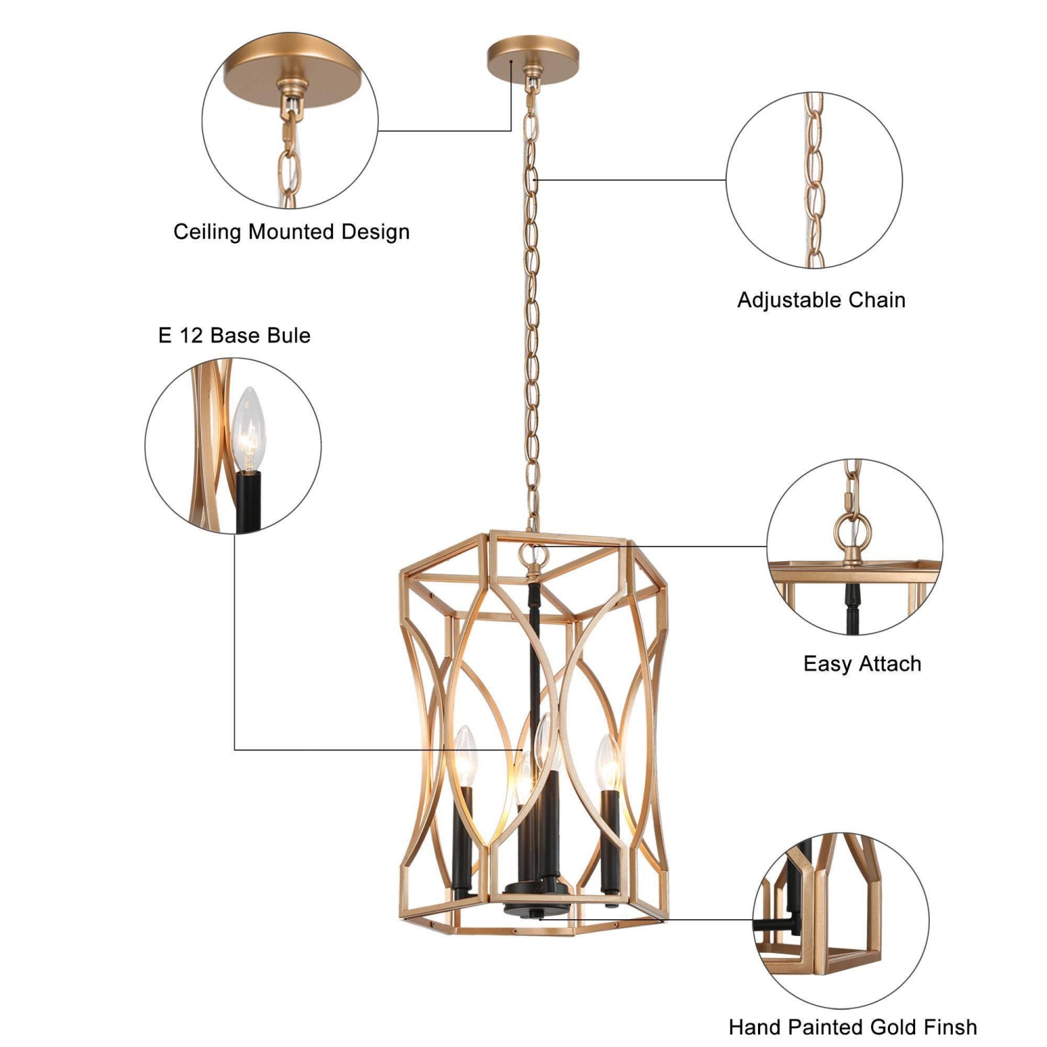 Lampe suspendue moderne en forme de tambour en or noir, chandelier à 4 lumières classique Vintage Cage suspendu