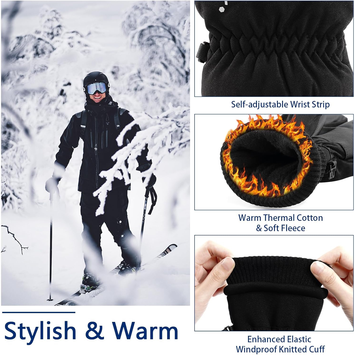 Winter Gloves Men, Touchscreen Thermal Gloves, Coldproof Water Resistant Gloves Ski Cycling Motorcycle Gloves for Skiing Snowboard Running, Large