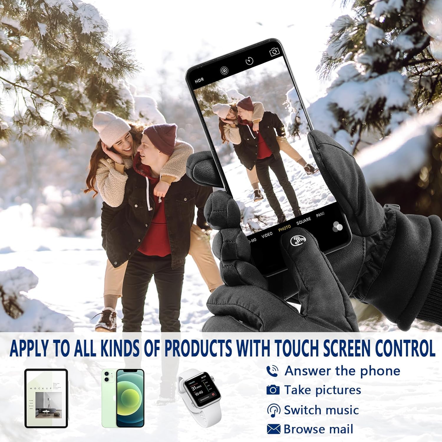 Gants d'hiver pour hommes, gants isothermes pour écran tactile, gants résistants à l'eau et à l'eau pour vélo de ski Gants pour la course en planche