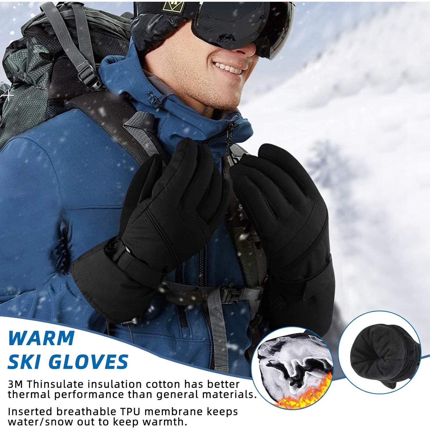 Gants de ski d'hiver pour Femme Homme , Gants de neige étanches pour écran tactile, Gants de planche à neige chauds pour le ski par temps froid, Moyen